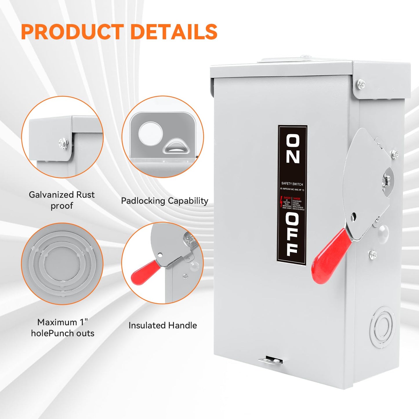 60 Amp Disconnect Switch Box,3 Pole Safety Switch,Non-Fusible,Indoor&Outdoor,Meeting NEMA 3R Standards,Galvanized Steel，Anti Corrosion and Rust Prevention,10-Year Warranty