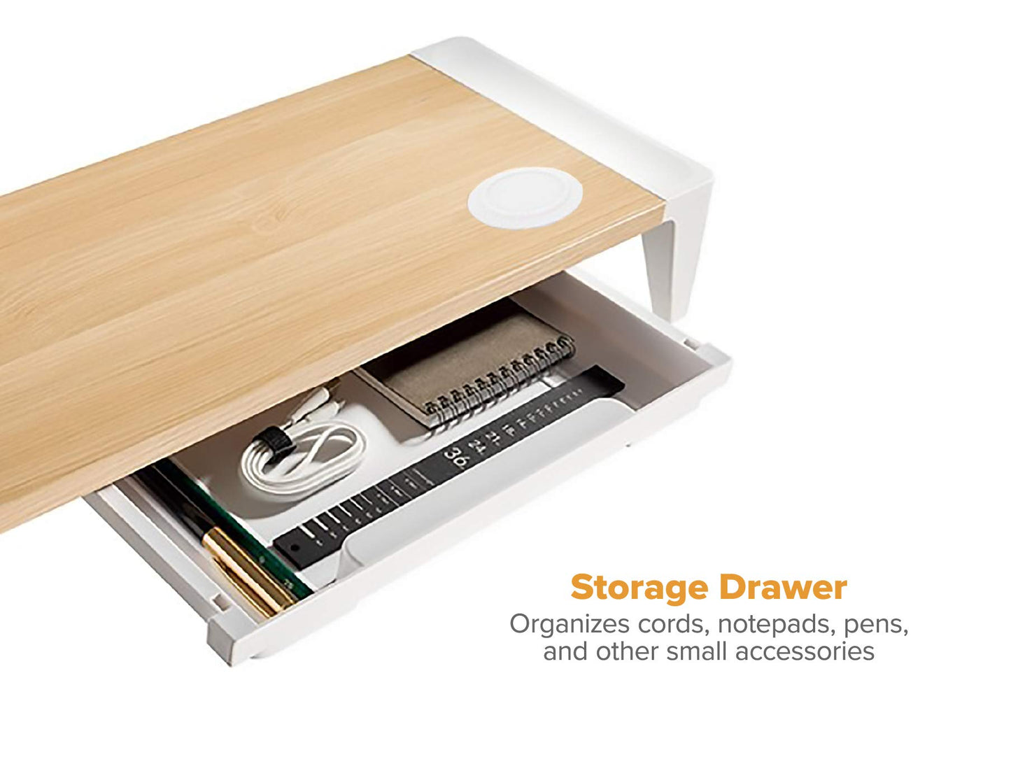 Bostitch Office Wooden Monitor Stand with Wireless Charging Pad, Drawer for Storage, Adjustable Height Riser Includes Removable Non-Skid Rubber Feet - Wood Grain and White (STND-2408WH)
