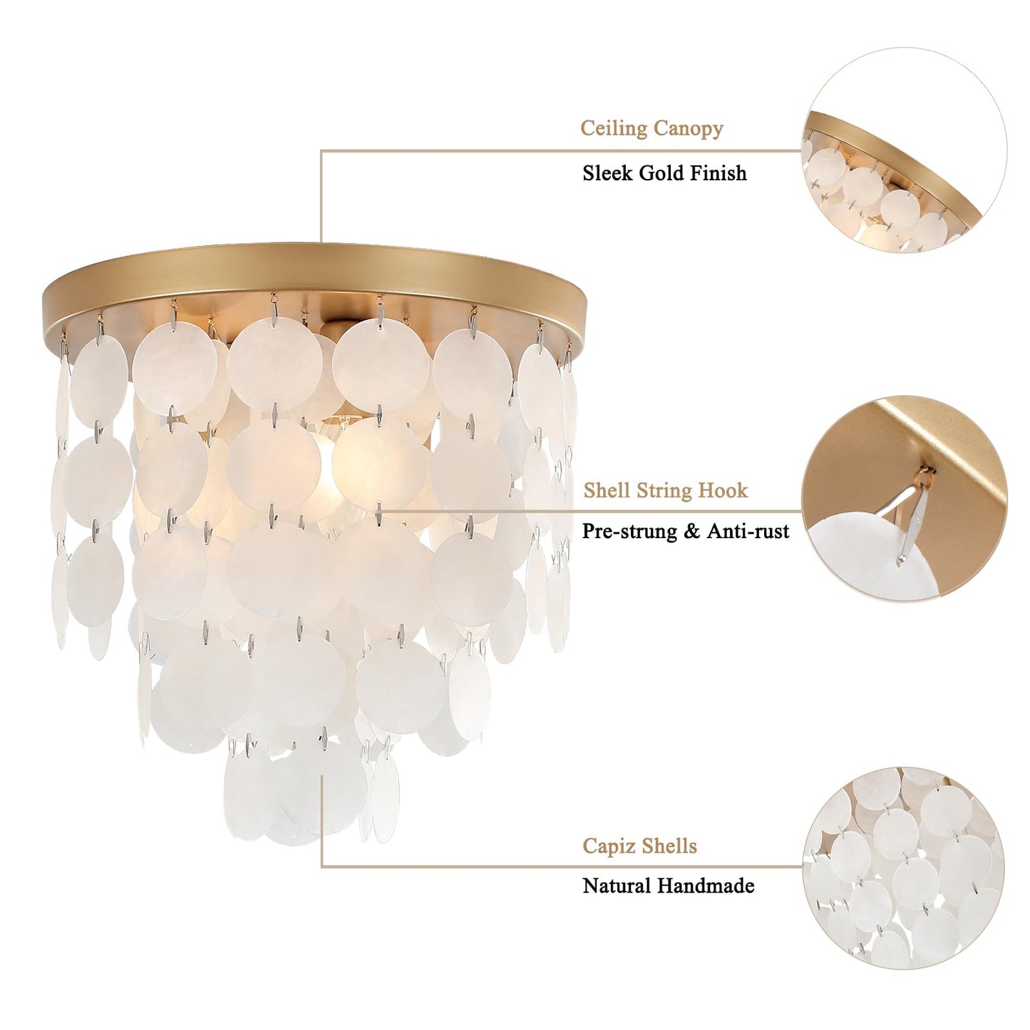 PUZHI HOME 11.8 Inch Gold Flush Mount Ceiling Light Fixture with Natural Capiz Shells, Dimmable 3-Light Modern Coastal Lighting for Bedroom, Living Room, Kitchen, Dining Room, Hallway, Closet