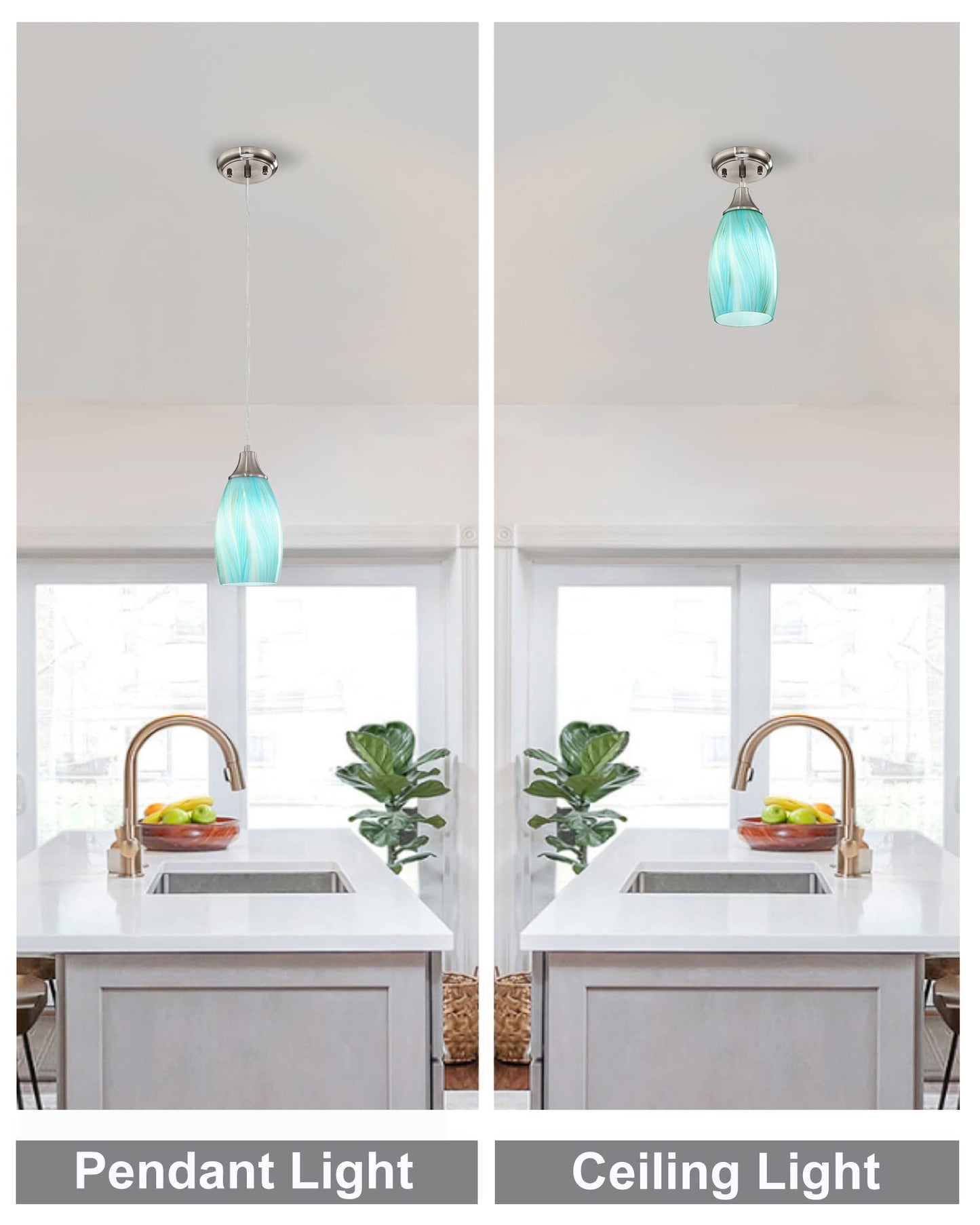 karyfine Mini Pendant Light,Handcrafted Art Glass Pendant Lighting Shade with Brushed Nickel Finished Teal Glass Ceiling Hanging lamp Adjustable Cord for Kitchen Island,Hallway,Dining Room