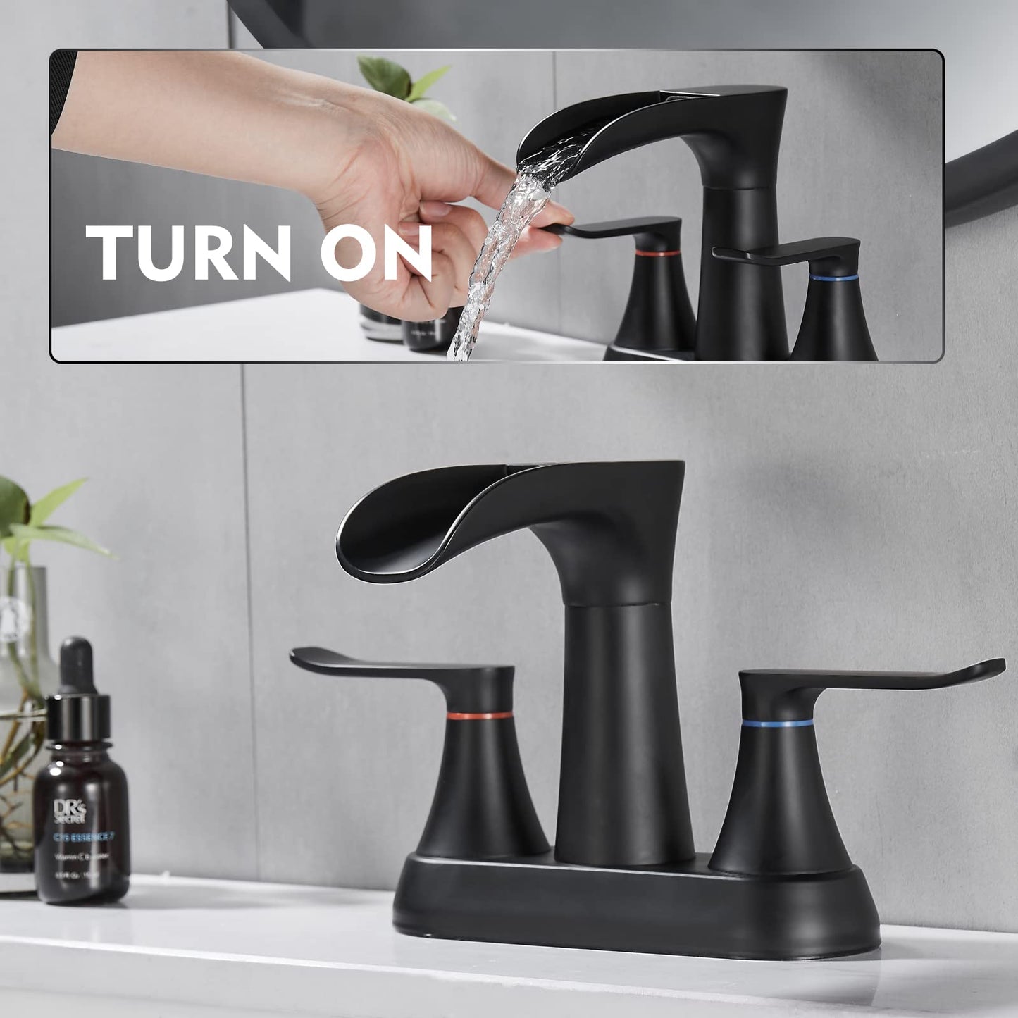 YUNDOOM Bathroom Faucet, 4 Inch Centerset, Waterfall, 2 Handle, Matte Black, 3 Hole, 360 Degree Swivel Spout, Pop Up Drain Included