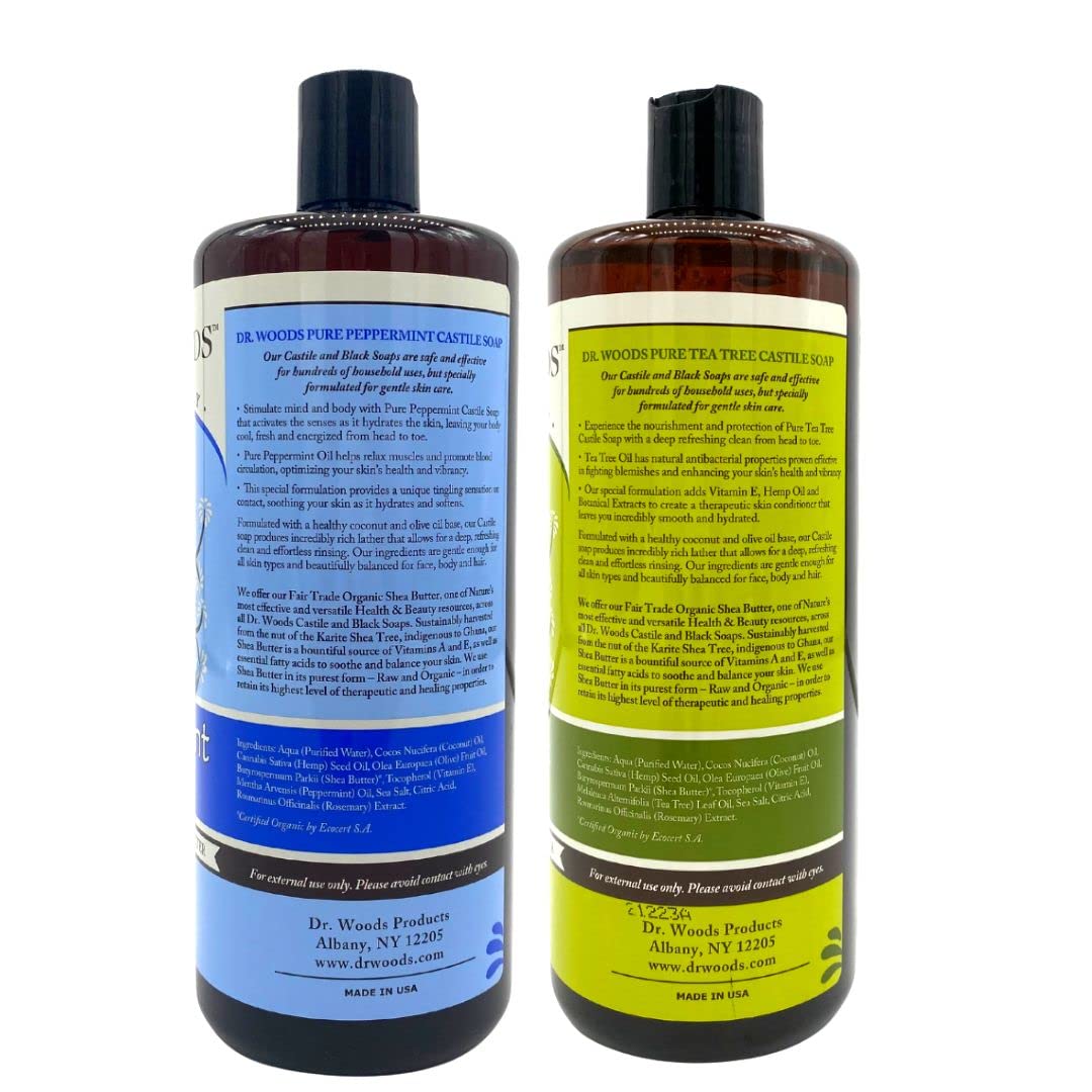 Dr. Woods Liquid Castile Soap - Pure Tea Tree Oil and Peppermint Soap, Body Wash for Men and Women, Contains Organic Shea Butter, Natural Cleaner for Face, Hands, and Body - 32 Fl Oz, Pack of 2