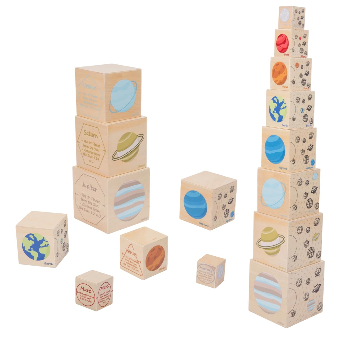 Eight Planets Wooden Blocks for Kids Ages 3+ Montessori Cube Boxes Sorting and Stacking, Preschool Educational Toys Set for Boys and Girls, Solar System