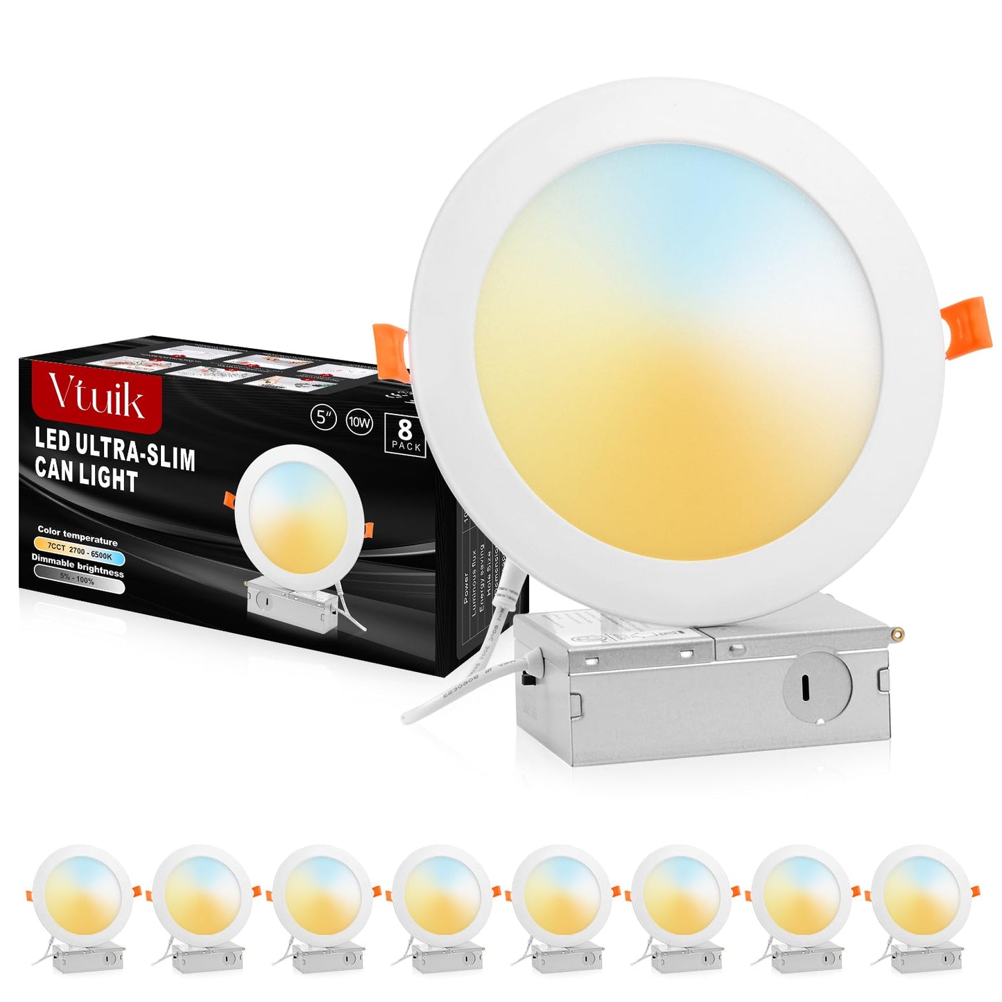 Vtuik 5 Inch LED Recessed Ceiling Light, 10W Dimmable Canless Wafer Downlight, Damp-Rated for Kitchen Living Room Basement Bathroom, Ultra Thin with Junction Box, 800LM 7CCT 2700K-6500K, 8 Pack