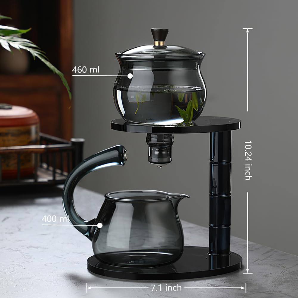 Lazy Kungfu Drip TeaPot, Heat Resistant Tea Set, Semi-Automatic Glass Teapot Suit for Magnetic Water Flow Wooden Glass Teapot Set (Bamboo Glass handle)