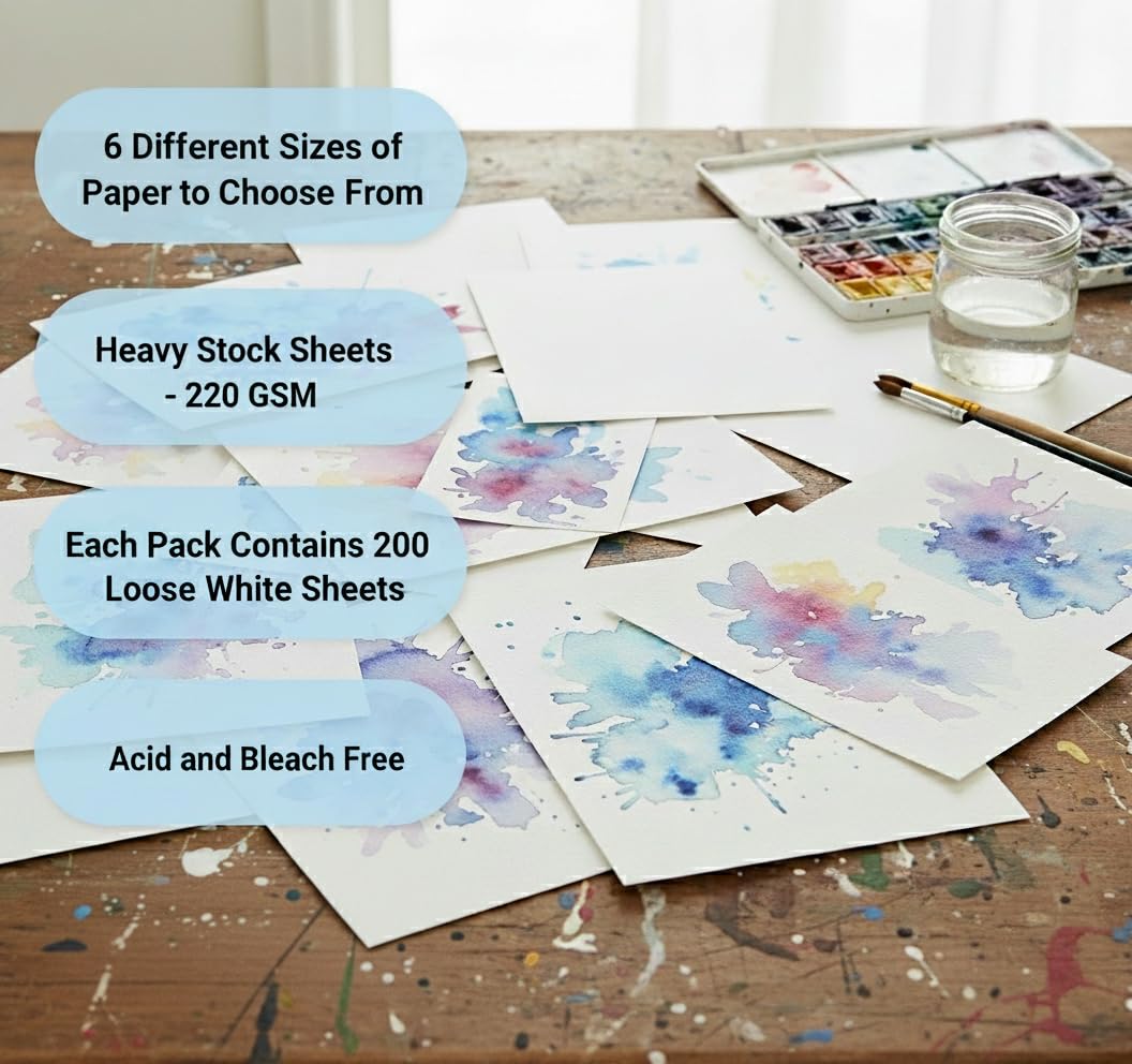 200 Sheets - Premium Watercolor Paper 9"x12" (22.9cm × 30.5 cm) - 220 GSM - Loose White Sheets with a Hint of Grey - Ideal for Water Coloring, Sketching, Drawing, Craft, Art & Mixed Media. Bulk Pack of Paint Paper
