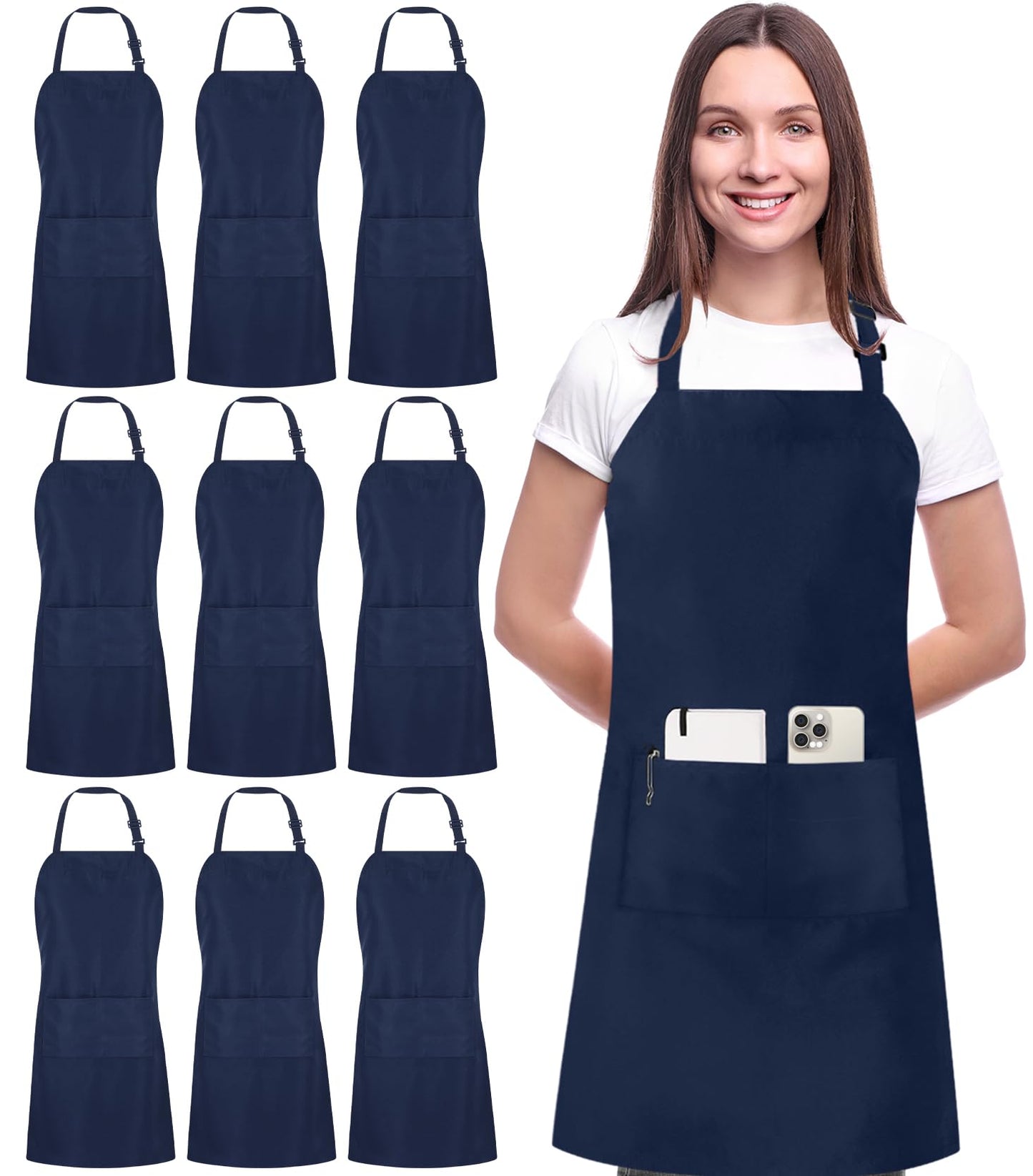 Utopia Kitchen 10 Pack Bib Apron, Unisex Adjustable Aprons with 2 Pockets, Waterdrop Resistant Cooking Kitchen Chef Apron for Men Women, Navy