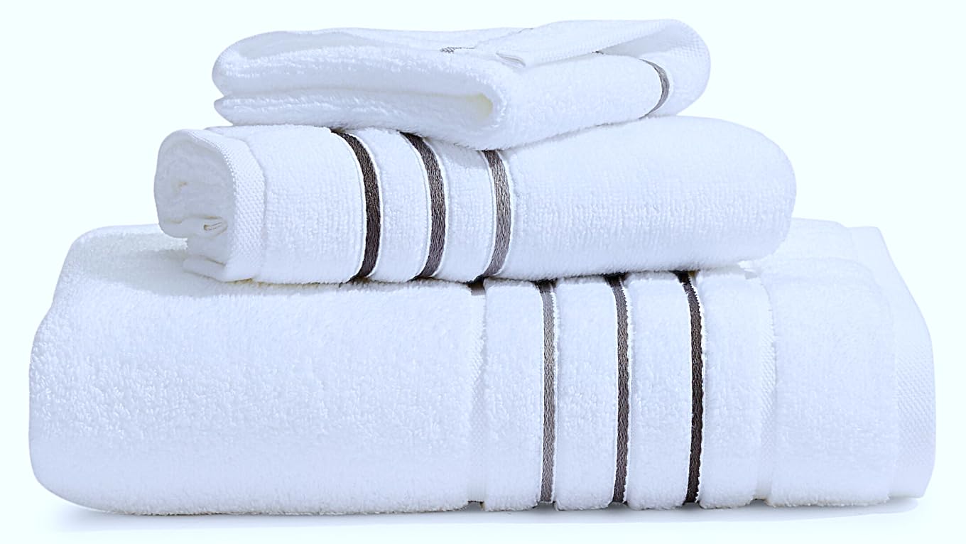 Bath Towels Set for Bathroom – Luxury 6-Piece Cotton Towels, Soft Absorbent & Quick Dry, 600 GSM Bath Towels for Bathroom, Hotel Spa Quality (2 Bath, 2 Hand, 2 Washcloths, White Taupe Brown Stripe)