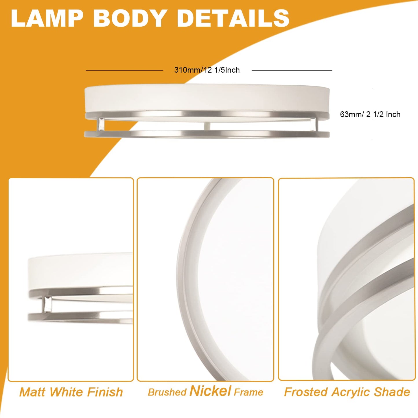 Flynix 12.5 Inch LED Flush Mount Ceiling Light Fixture, 26W, Super Bright 1700 Lumens, 3 Color 3000K/4000K/5000K, Dimmable Ceiling Lamp for Bedroom Hallway Bathroom Kitchen Laundry (White Nickel)