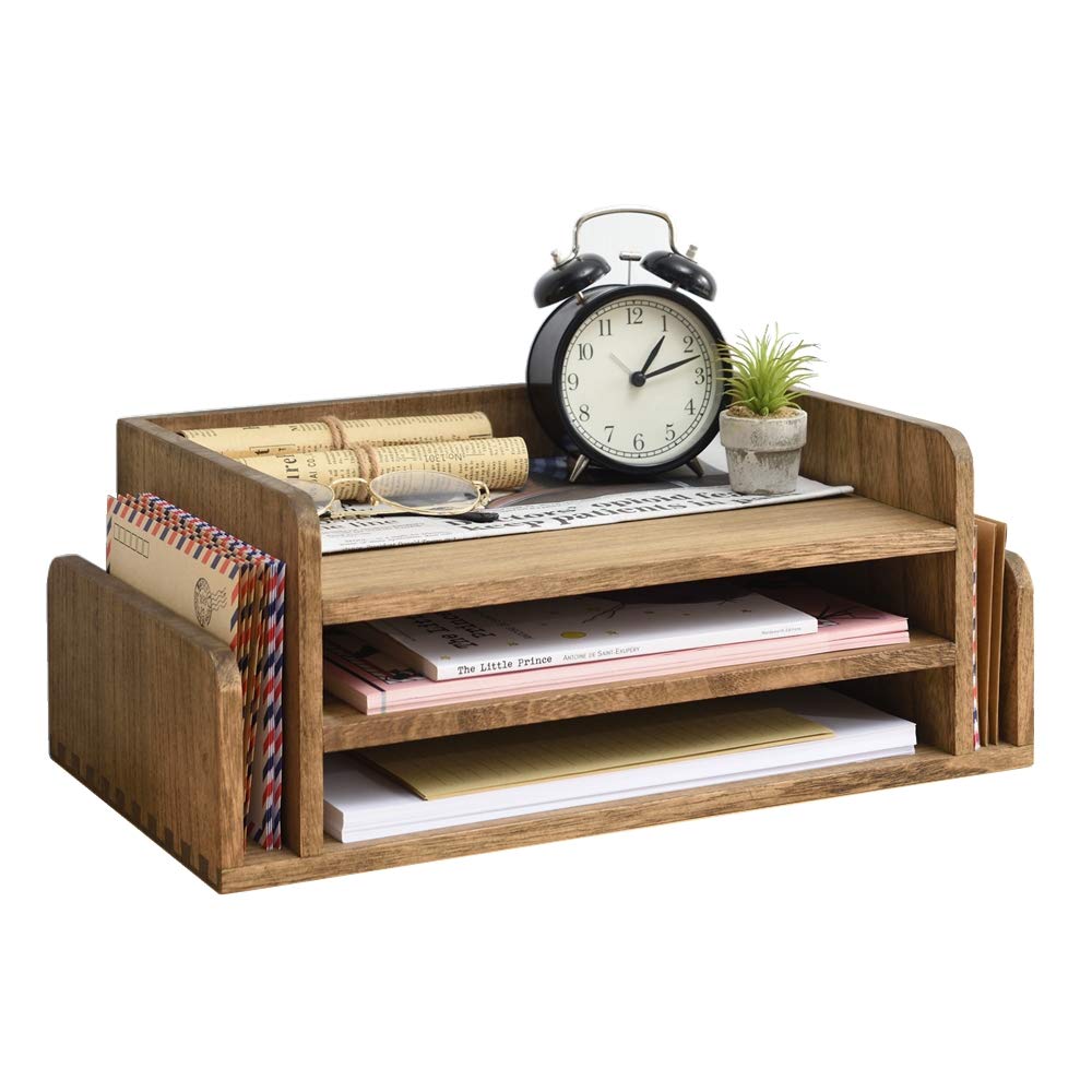 KIRIGEN Wood Desk Organizer 5 Trays, 3-Tier Desktop Document Letter Tray with Side Slots, Fully Assembled Mail Sorter and File Folder Holder for Home Office, Brown 2TP-DBR