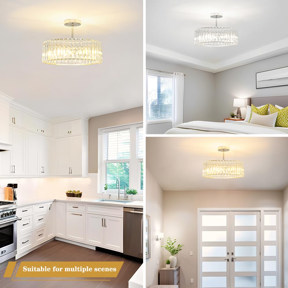Lxybcce Modern Crystal Ceiling Light Fixture, Semi Flush Mount Ceiling Light, Chrome Hallway Lighting Fixtures Chandelier, Crystal Chandelier for Kitchen Bedroom Dining Room Closet, 5-Light, 16 Inch