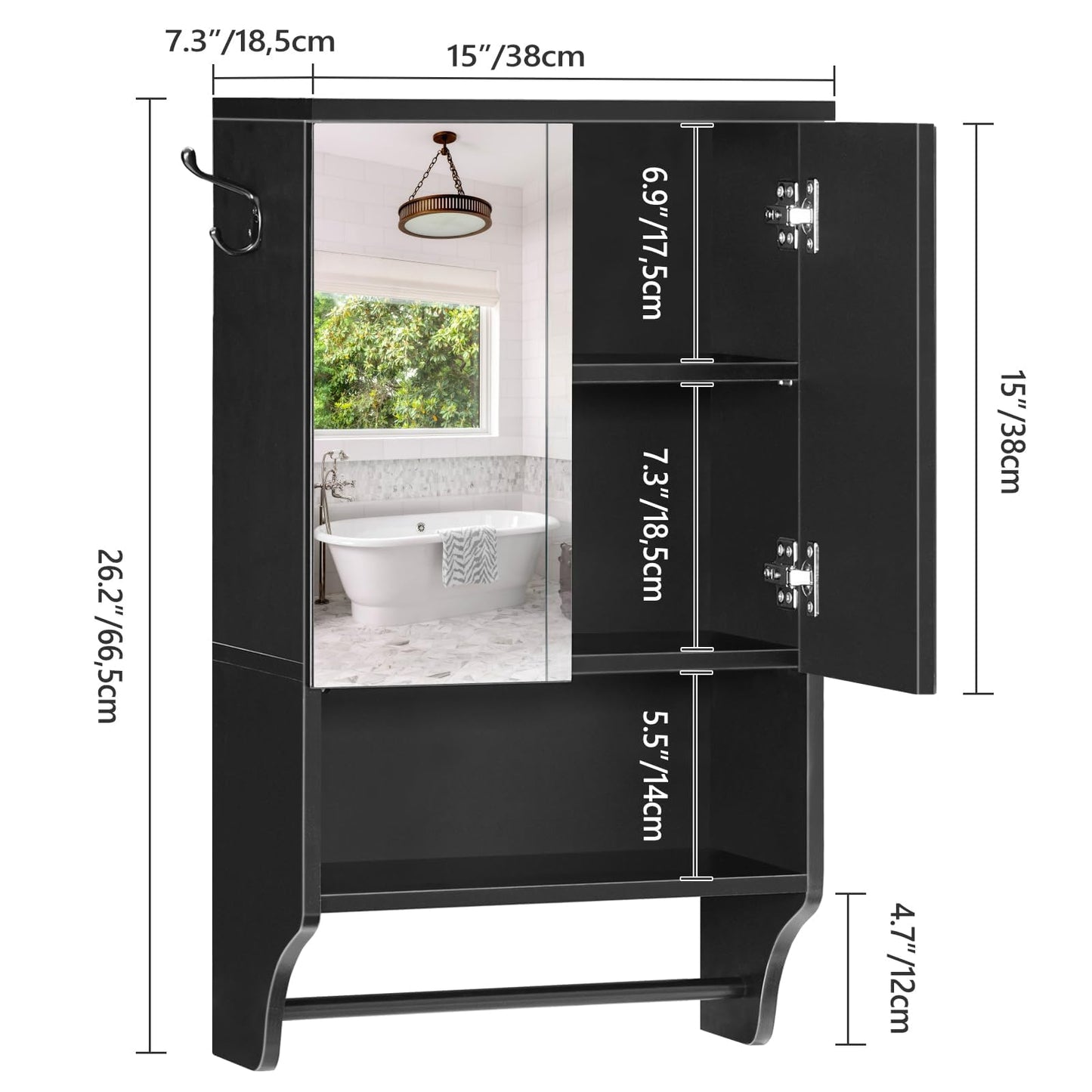MAHANCRIS Bathroom Wall Cabinet with Mirror, Medicine Cabinet with 2 Door and Adjustable Shelf, Wall Mounted Over The Toilet Storage Cabinet with Towel Bar for Bathroom Laundry Room Kitchen, Black