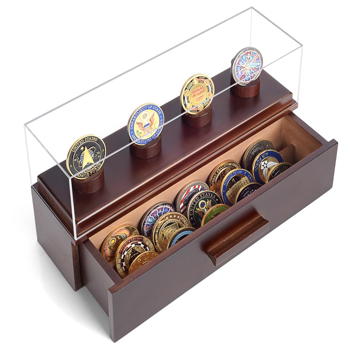 ULTRGEE Challenge Coin Display Case, Military Coin Collection Holder with Wooden Coin Box, Drawers, and Clear Acrylic Lid – Gifts for Coins Collectors (4 Pillars)