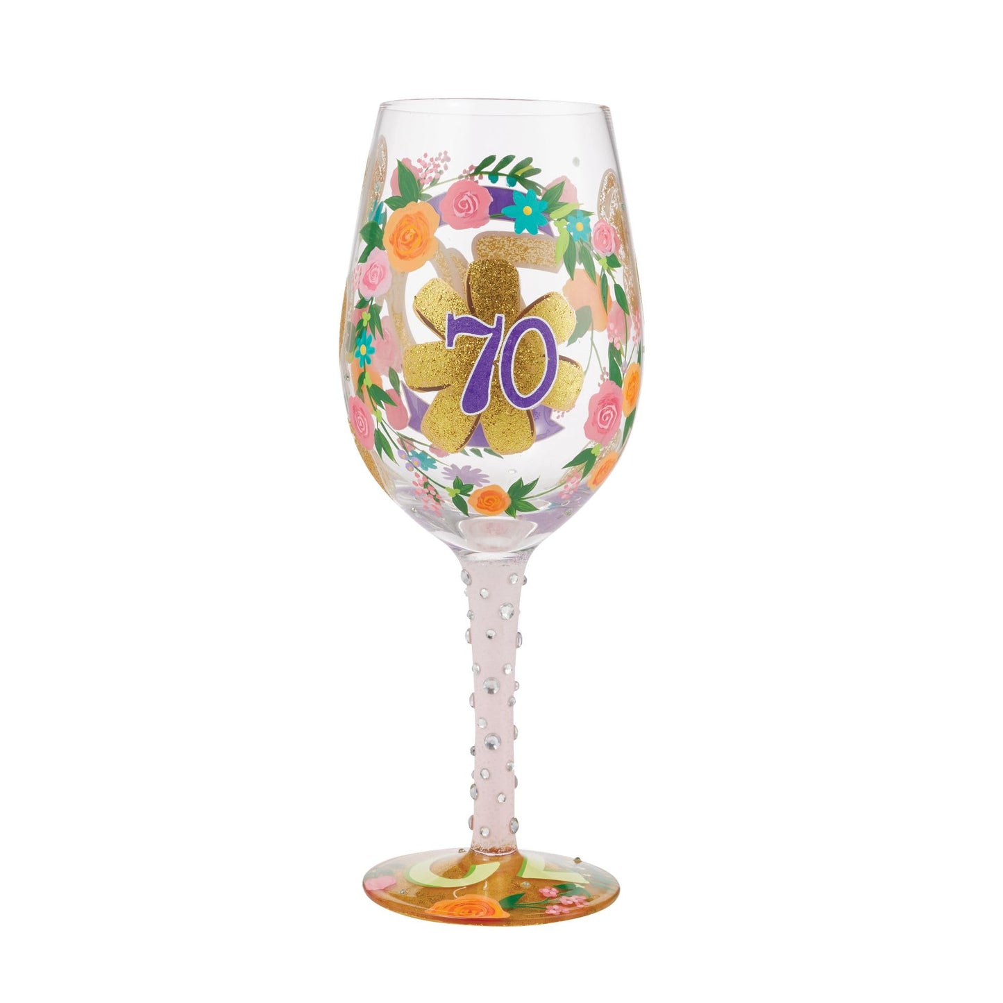 Enesco Designs by Lolita Happy 70th Birthday Hand-Painted Artisan Wine Glass, 15 Ounce, Multicolor