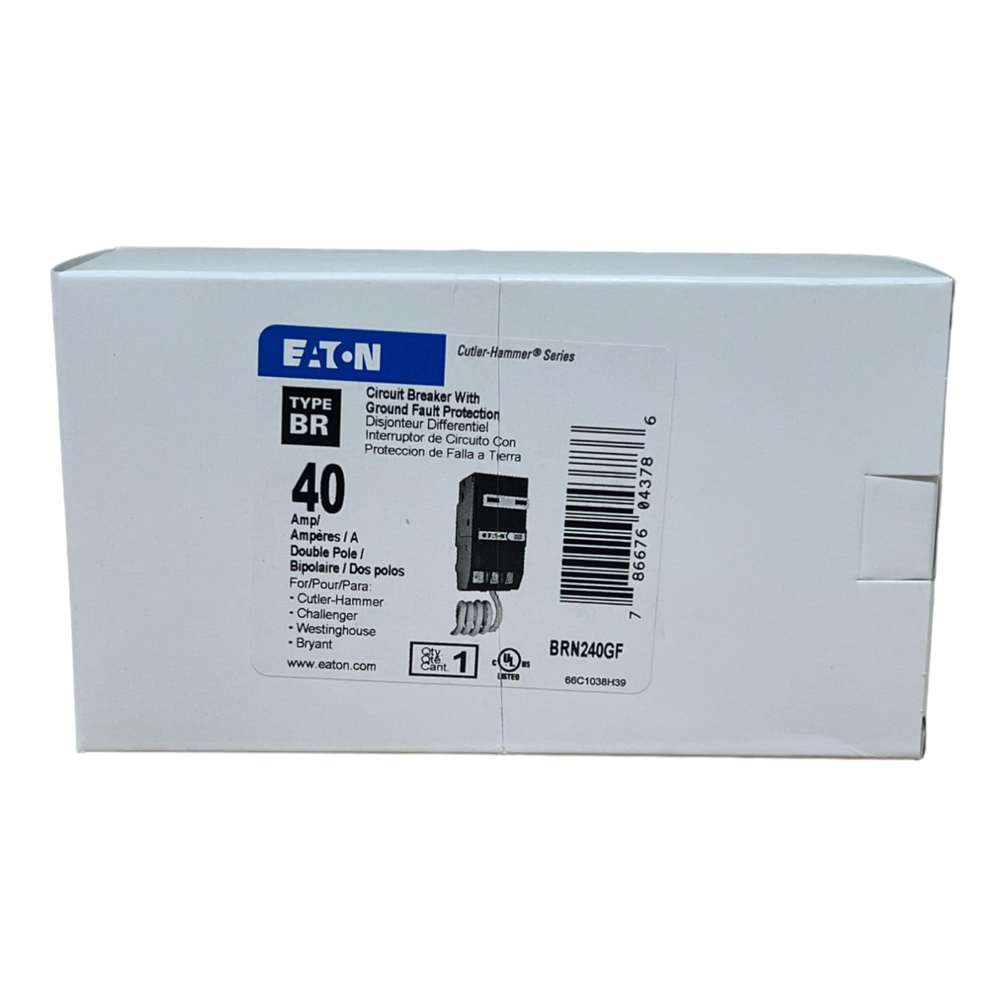 Eaton BRN240GF BR GFCI Circuit Breaker, Ground Fault, Pigtail Neutral, 40 A, 10 KAIC, Two-Pole, 120/240 V