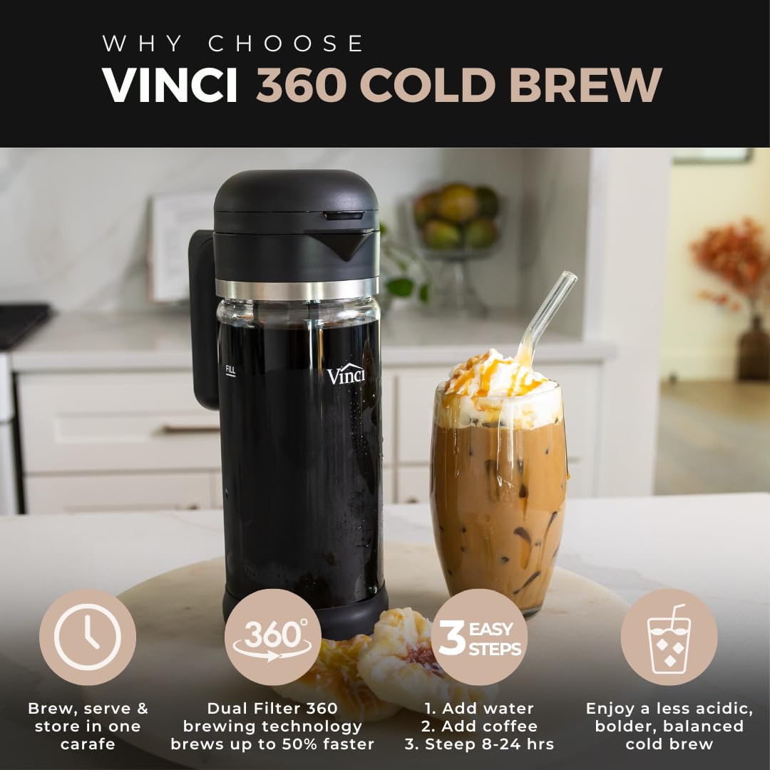 VINCI Cold Brew 360 Glass Coffee Maker – Patented Dual Filter Technology for Faster Brewing – Iced Coffee Pitcher (1.4 Liter / 47 oz)