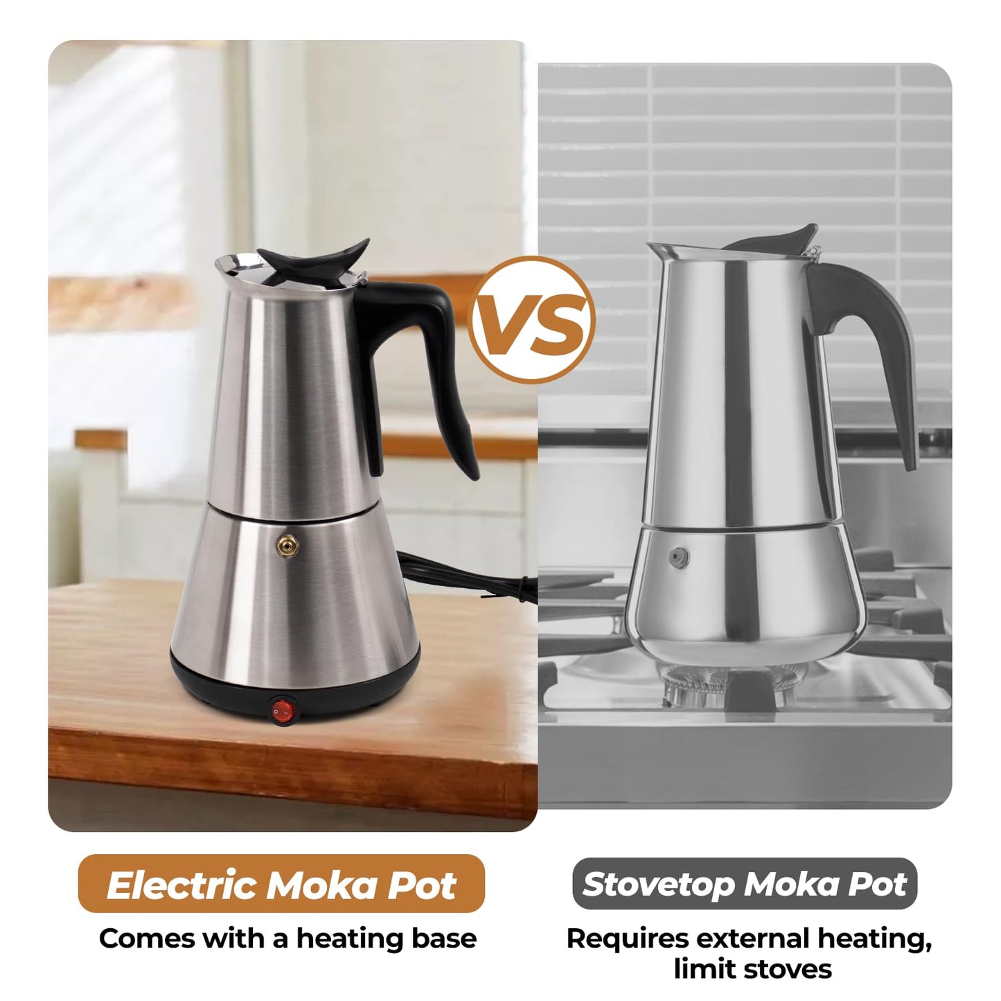 Vaolvpant Electric Stainless Steel Moka Pot 6 Cup 300ml Mocha Pot Espresso Maker with Detachable Base Ideal Coffee Maker for Home Italian and Cuban Café Coffeemaker Espressomaker Coffee Pot