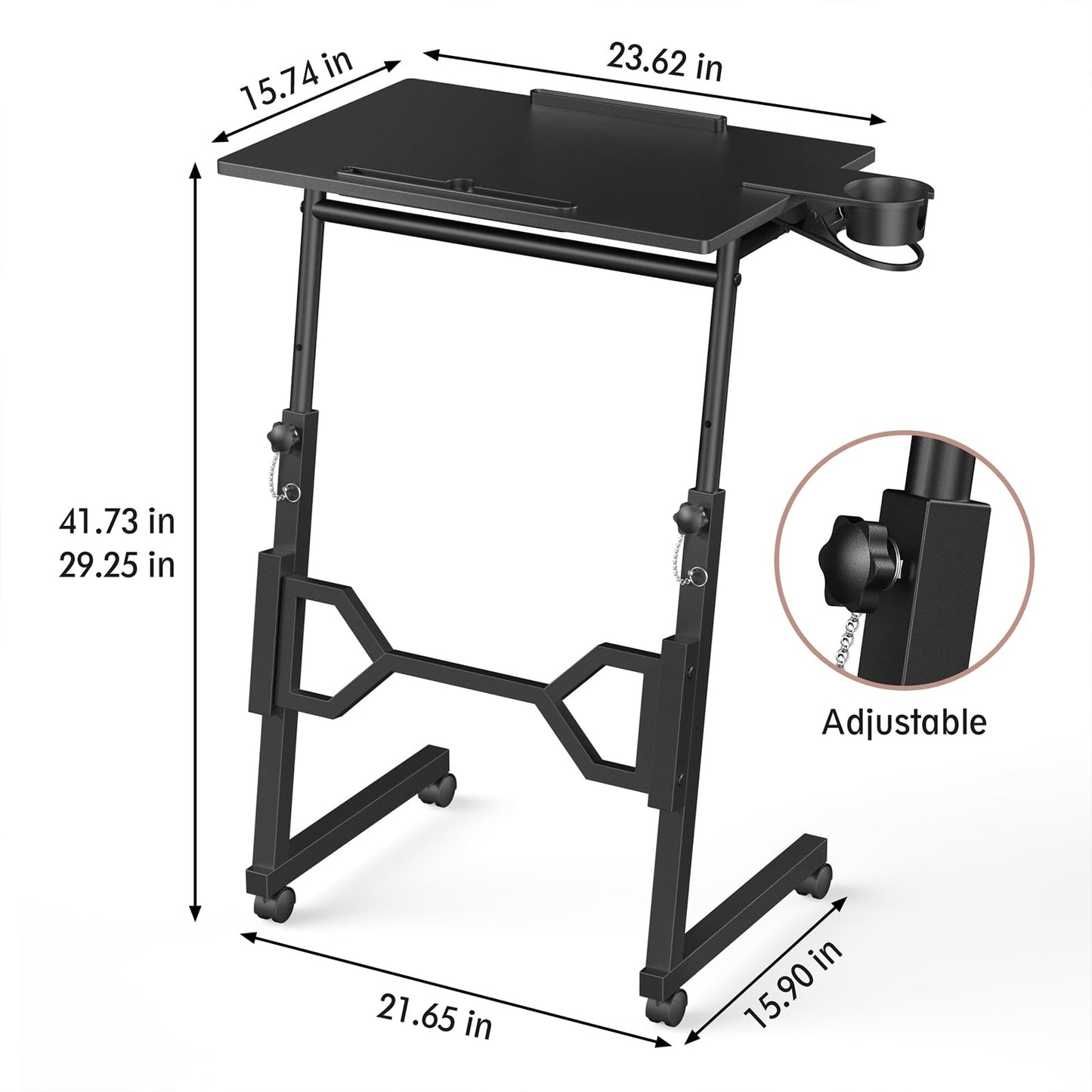 Enayplon Small Standing Desk with Wheels, Portable Treadmill Desk, Rolling Desk Adjustable Height for Laptop, Mobile Standing Table for Walking Pad, Bedside Table