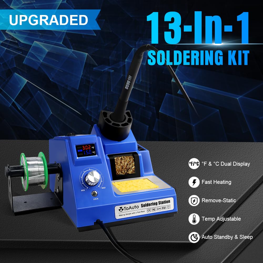 TOAUTO DS90 Soldering Station-°F & °C Dual Digital Display Soldering Iron Station Kit,90W Soldering Iron,302℉- 842℉ Temperature, Anti-Static & Grounding Wire, Auto Standby & Sleep,5 Solder Tips, Blue