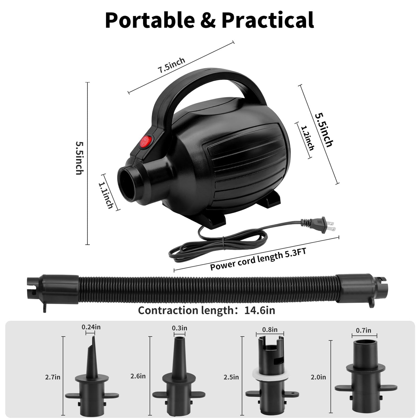 Electric Air Pump for Inflatables, 600W High Power Quick-Fill Air Pump with 4 Nozzles, Inflator & Deflator Pumps for Air Mattress Air Beds/Pool Toys/Pool Floats/Gymnastics Track Mats, AC 110-120V