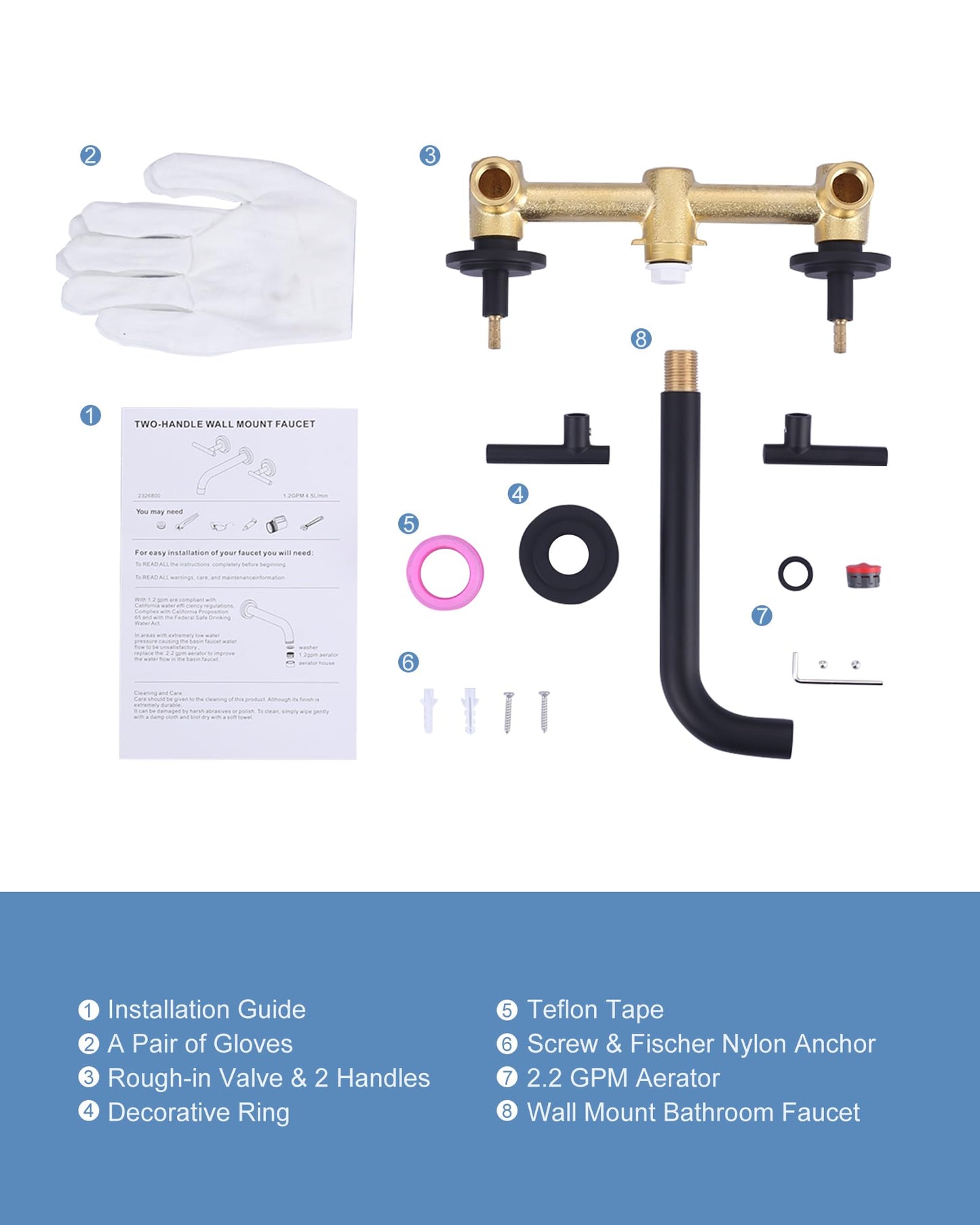 WOWOW Wall Mount Bathroom Faucet Matte Black Wall Faucet High Flow Two Handles Stainless Steels,Long Spout Reach,Widespread Bathroom Sink with Rough-in Valve 3 Holes Elegant Classic Spout