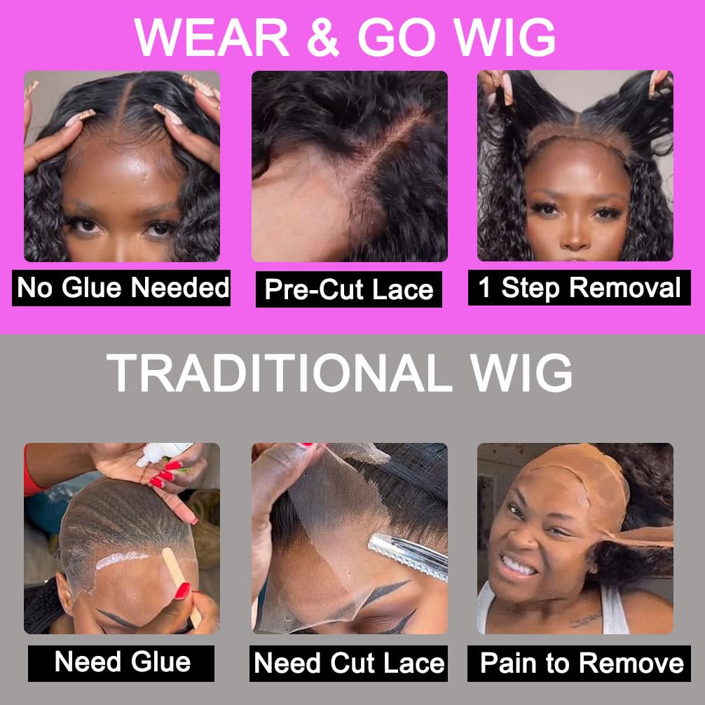 Wear and Go Glueless Wigs Human Hair Pre Plucked Pre Cut 4x4 Lace Front Wigs for Black Women Glueless Water Wave 180 Density Curly Bob Wig Human Hair for Beginners(16 Inch)