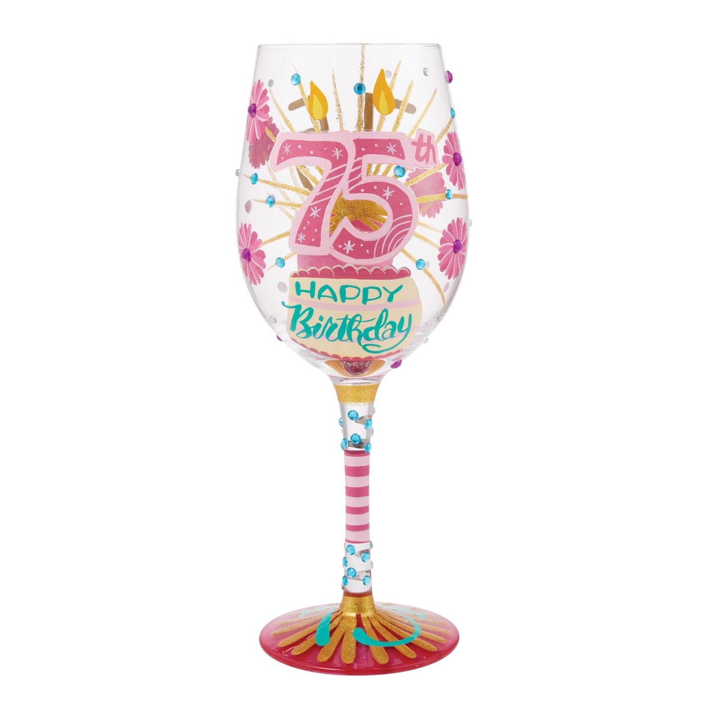 Enesco Lolita Happy 75th Birthday Hand-Painted Artisan Wine Glass, 15 Ounce, Multicolor
