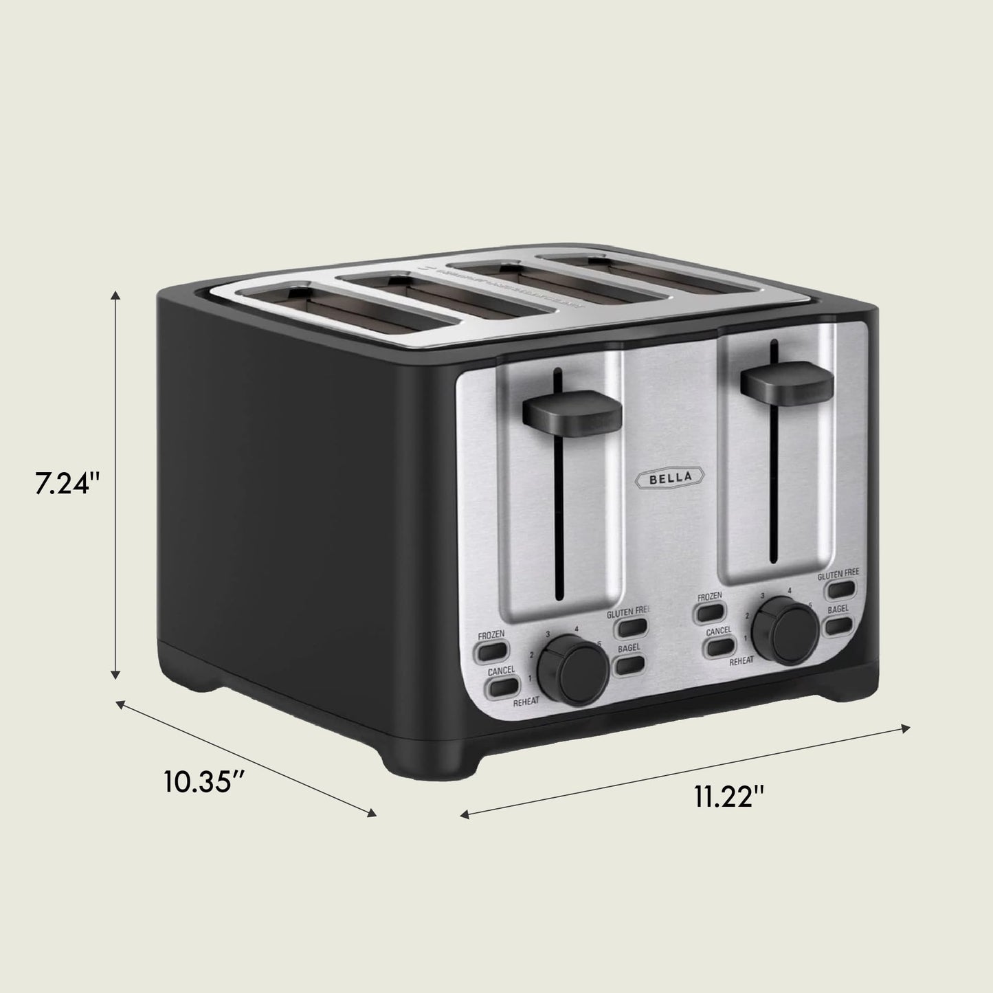 bella 4 Slice Toaster with Auto Shut Off, Extra Wide Slots & Removable Crumb Tray and Cancel, Defrost & Reheat Function, Toast Bread & Bagel, Black