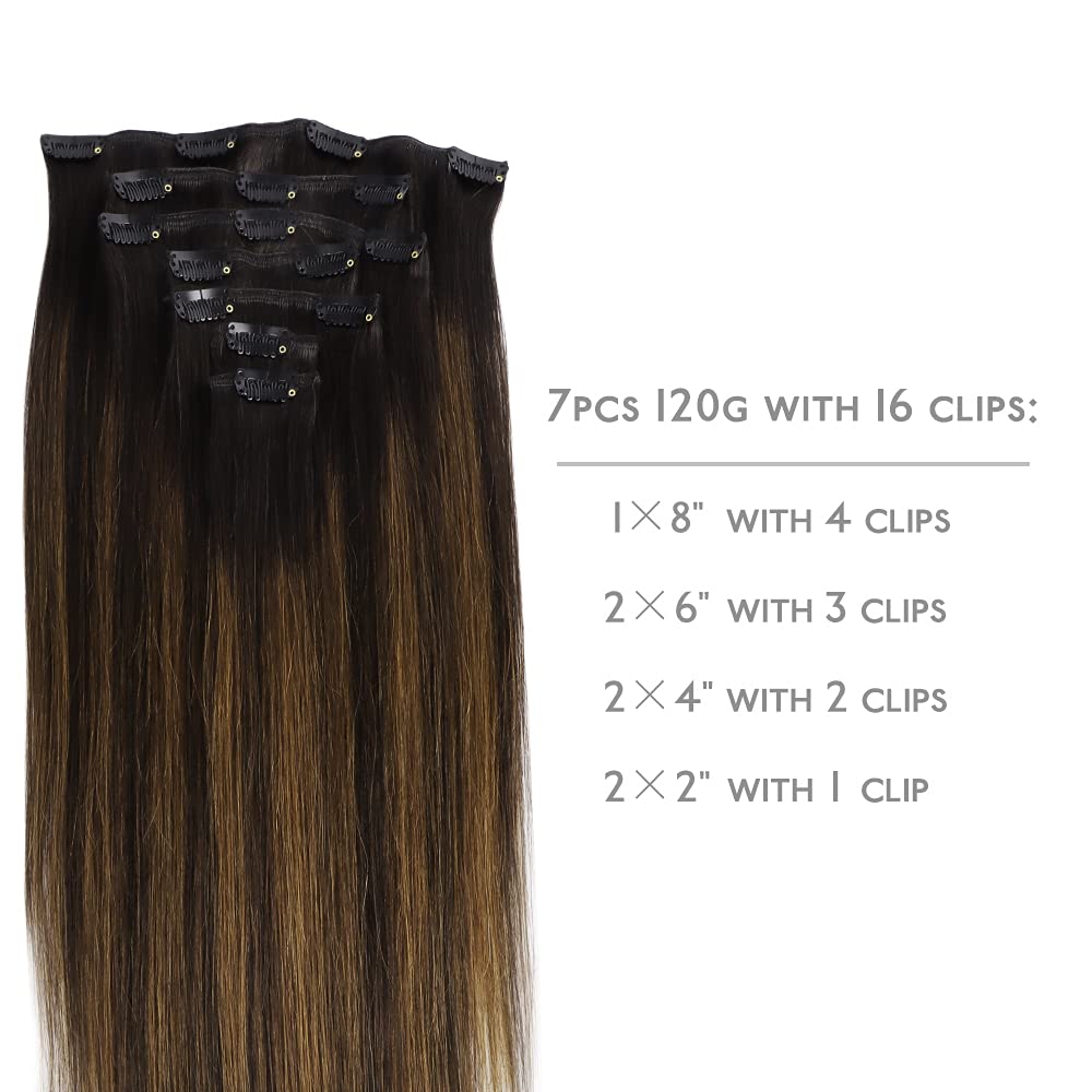 WENNALIFE Clip in Hair Extensions Real Human Hair, 14 Inch 120g 7pcs Dark Brown to Chestnut Brown Balayage Hair Extensions Clip In Human Hair Remy Clip in Hair Extensions Real Human Hair Double Weft