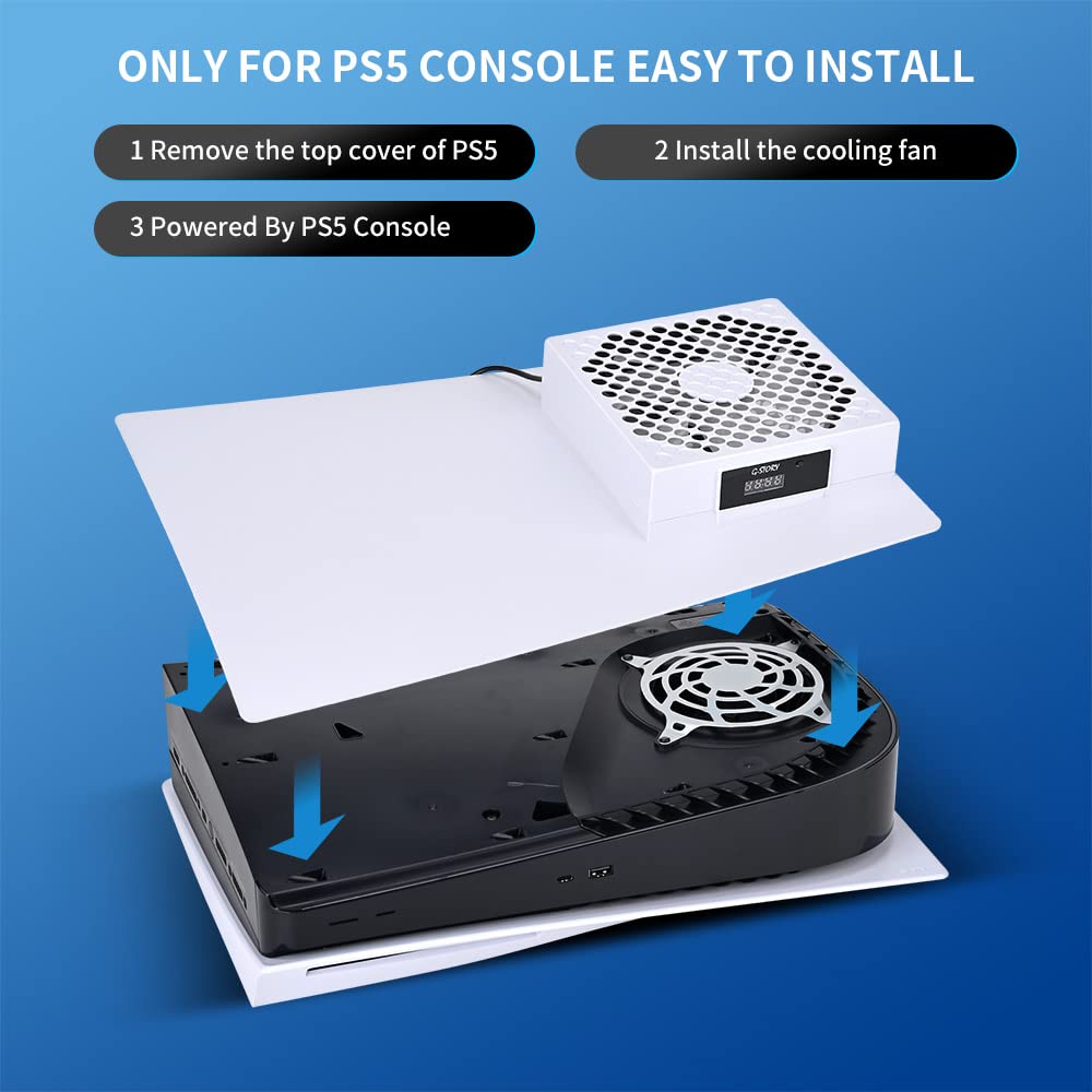 G-STORY PS5 Cooling Fan,PS5 Cooler System, Fan Speed Automactically Adjusted by Temperature(℃/℉), Low Noise, 3 Speed 1500/1750/2000RPM (140MM) with RGB LED (White)