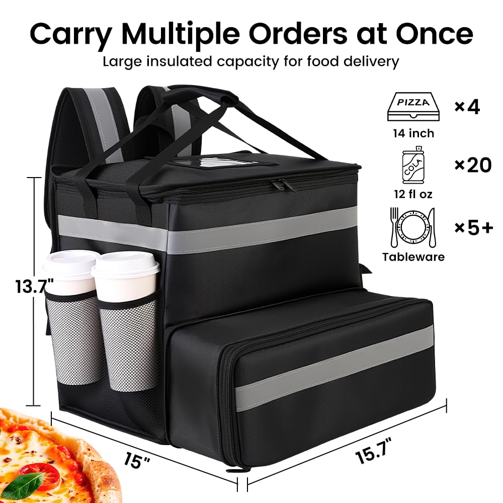 Food Delivery Bag,Large Insulated Backpack for Doordash/Uber Eeats, Expandable Cooler Bags for Bike/Motorcycle with Reflective Strip and Cup Holders,Reusable Pizza Food Delivery Bag with Hand Straps
