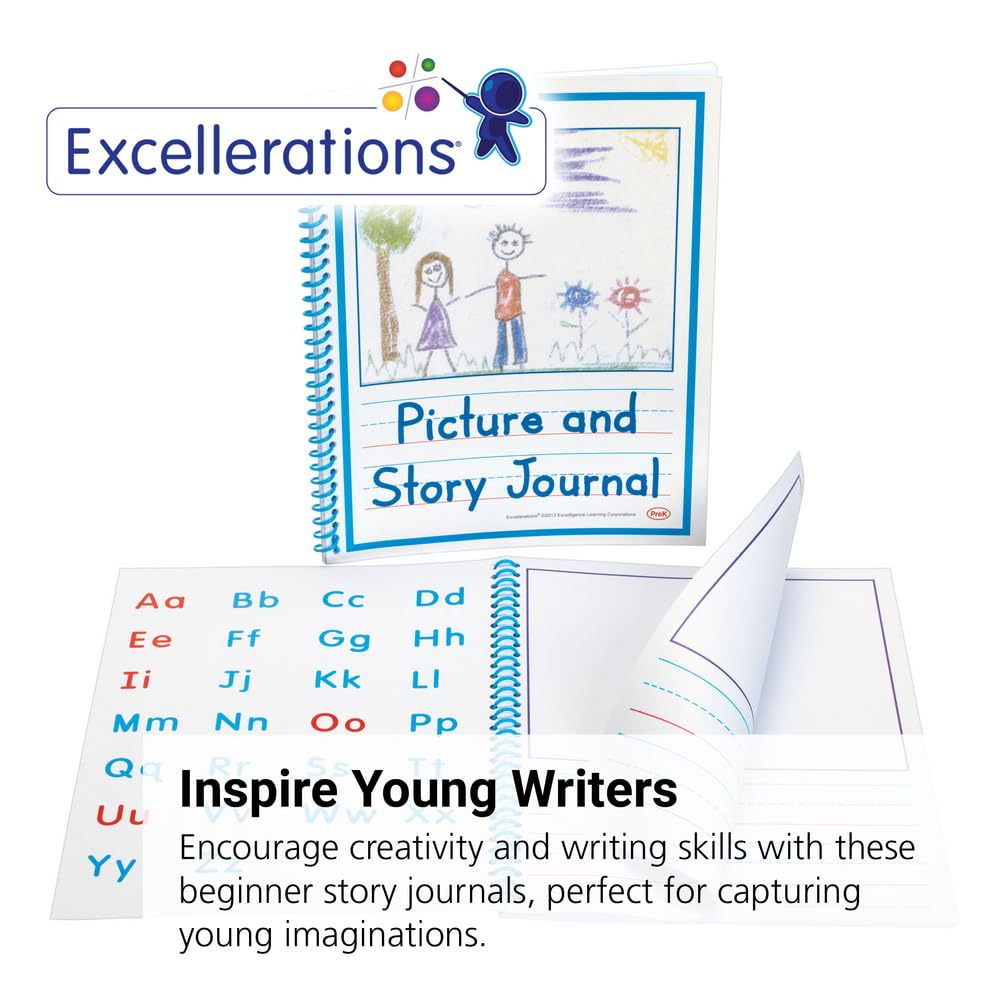 Excellerations 8.5 x 11 inch Beginner's Preschool Picture Story Journals, Drawing and Writing Notebook - Pack of 10 for Kids and Children Educational