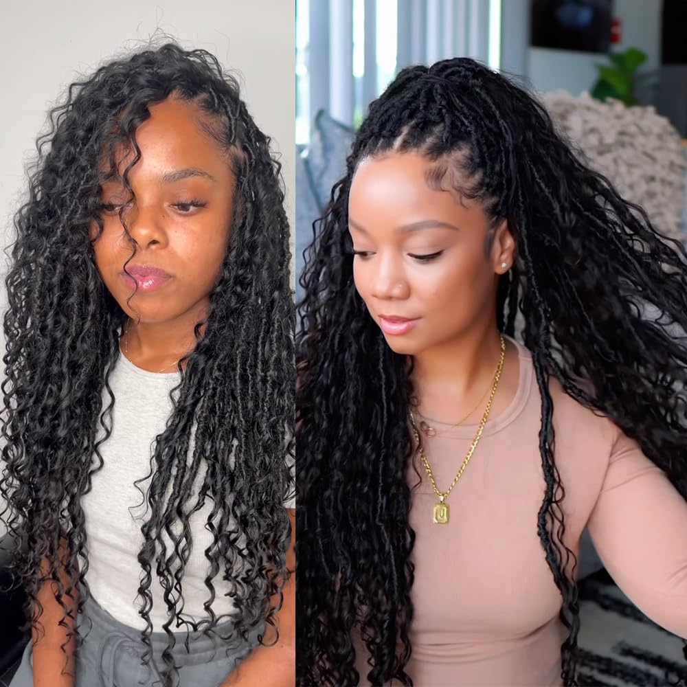 Pre-looped Crochet Locs with Human Hair Curls Dreadlocks Hair With Curly Human Hair End Soft Messy Boho Faux Locs for Women 26inch 24 Locs