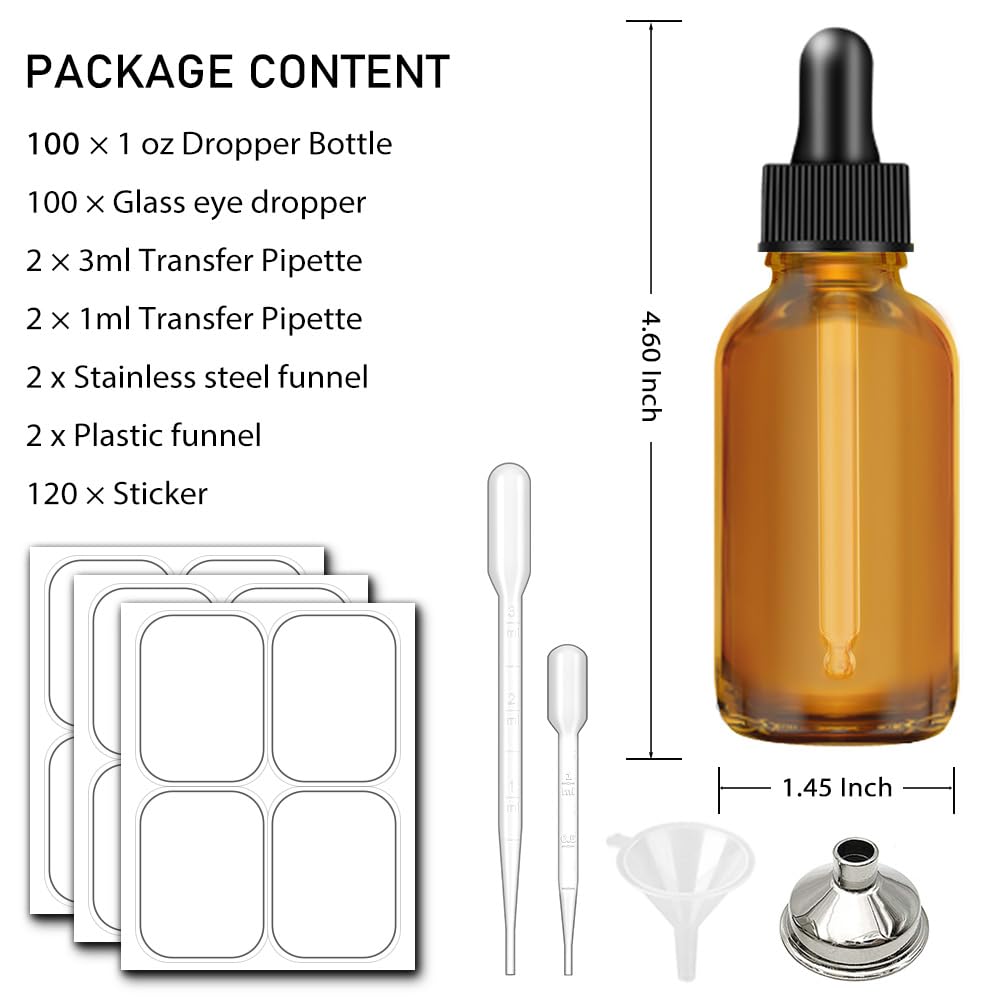 Bumobum 1oz Dropper Bottles for Essential Oils, 100 Pack 30ml Amber Glass Tincture Bottles with Eye Dropper, 10 Funnel and 10 Long Dropper for Travel, Home use