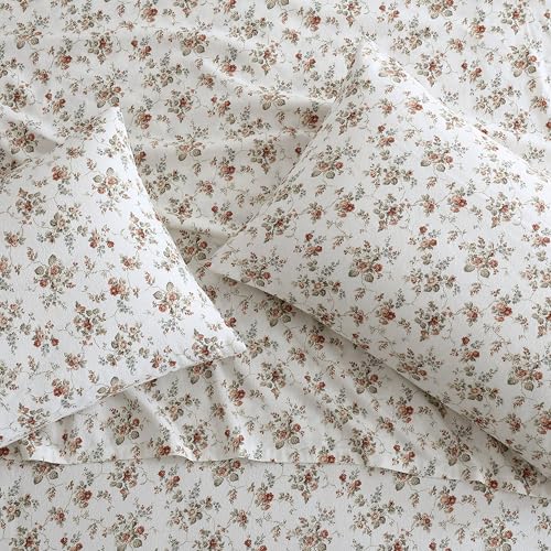 Laura Ashley - Flannel Sheets Queen Size, Anti-Pilling & Wrinkle Resistant Cotton, Touchably Soft for All-Season Comfort - Bed Sheets with Matching Pillowcases & Fitted Sheet (Le Fleur Orange)