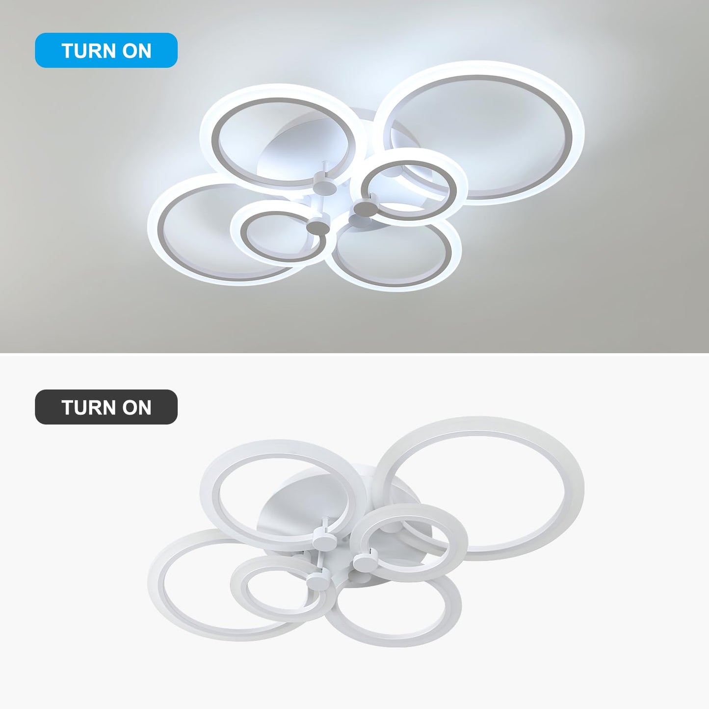 DELIPOP Modern Ceiling Light, White 6 Rings Flush Mount Ceiling Light, 31 Inch 6500K Cool White Led Chandelier Lighting for Bedroom, Living Room, Kitchen, Dining Room