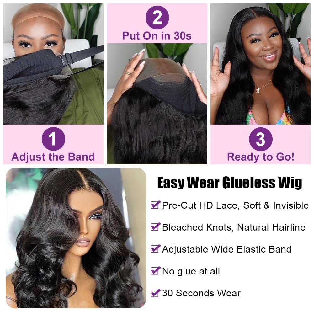Daveila Body Wave Glueless Wig Human Hair Pre Plucked Pre Cut Glueless Lace Front Wig Ready to Wear 6x4 Body Wave Closure Wig Human Hair 180% Density Body Wave Pre Plucked Wig Natural Hairline 12 Inch