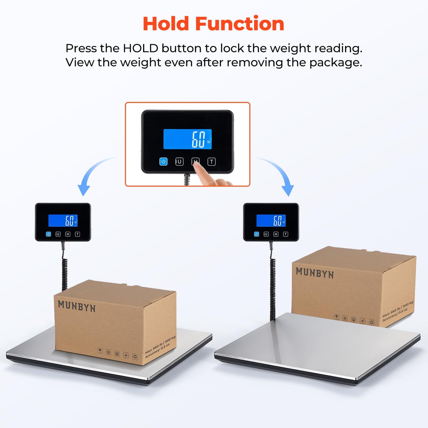 MUNBYN Shipping Scale, 660lb/1.8oz Digital Postal Scale for Packages with Hold/Tare Function, Backlit LCD, Battery & Cable Included, Postage Scale for Small Business, Packages, Luggage, and Home Use