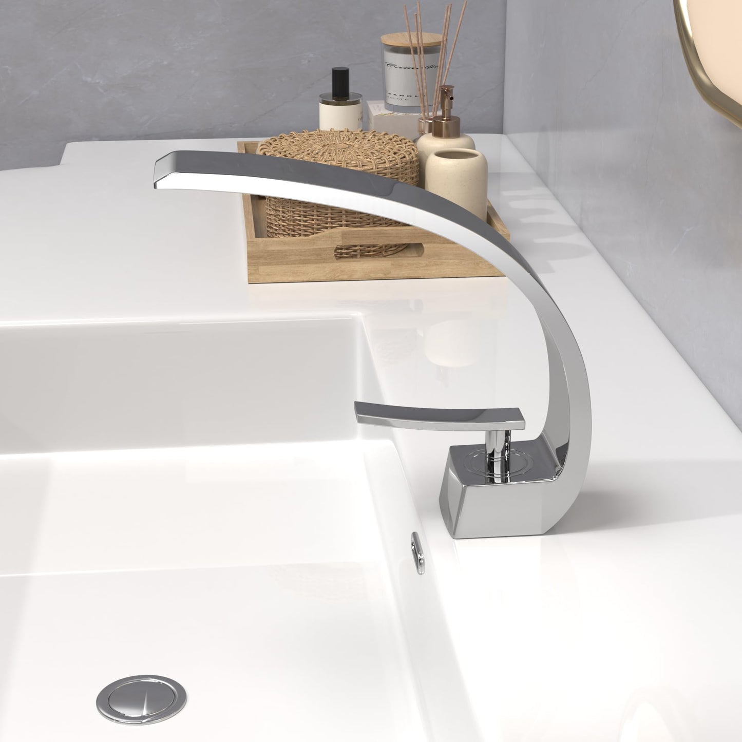 Geobella Bathroom Sink Faucet Modern Single Hole 1-Handle Faucet, Chrome Solid Brass Faucets, Mount Curved Lavatory Faucets Mixer Tap