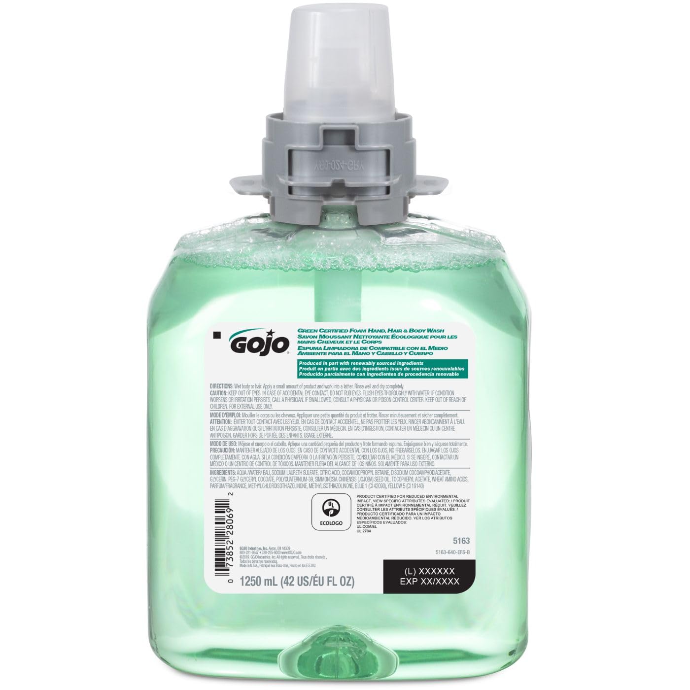 GOJO Green Certified Foam Hand, Hair & Body Wash, Cucumber Melon Scent, 1250 mL Refill FMX-12 Push-Style Dispenser (Pack of 4) - 5163-04
