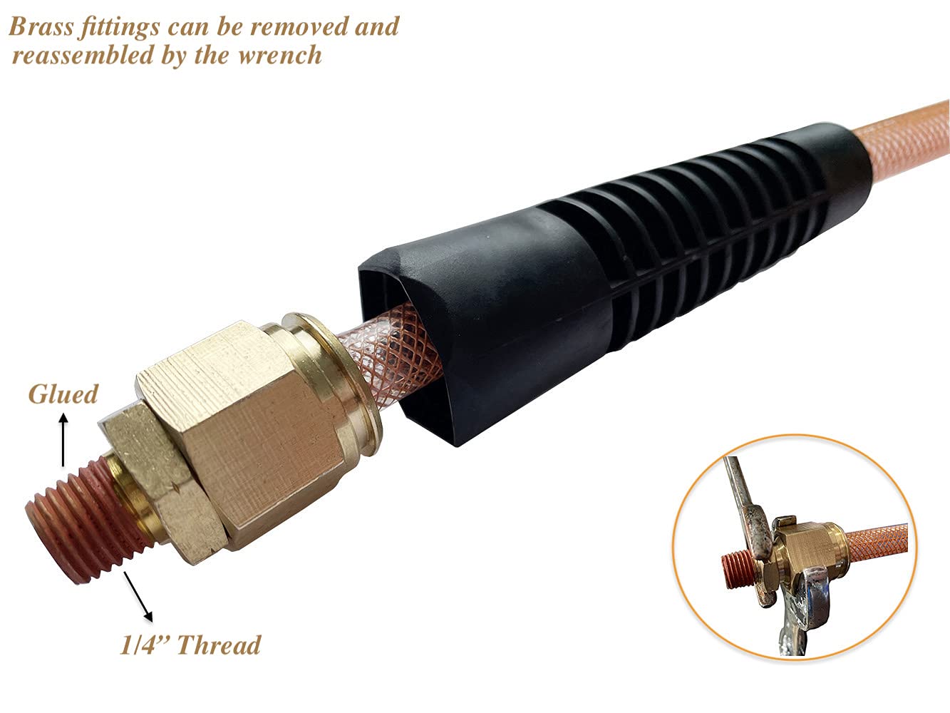 SANFU Polyurethane(PU) Reinforced 3/8”ID x 100ft Air Hose, 300PSI Wear Resistant With 3/8” Reassembled Industrial Quick Coupler and Plug, Bend Restrictor, Brown(100’)