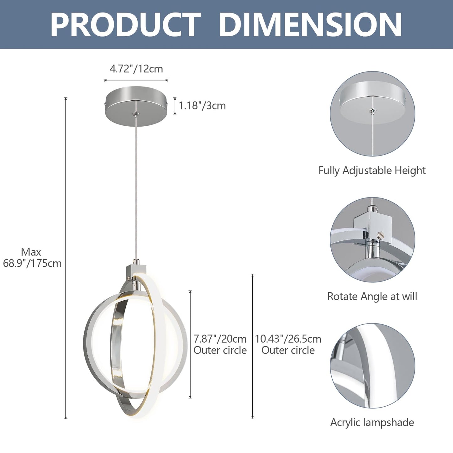 BNHHLZ Modern LED Chandelier Chrome Ring Pendant Light Fixtures 4000K Dimmable Height Adjustable Pendant Lighting for Dining Room Kitchen Island Bedroom Living Room Foyer（1-Pack）…