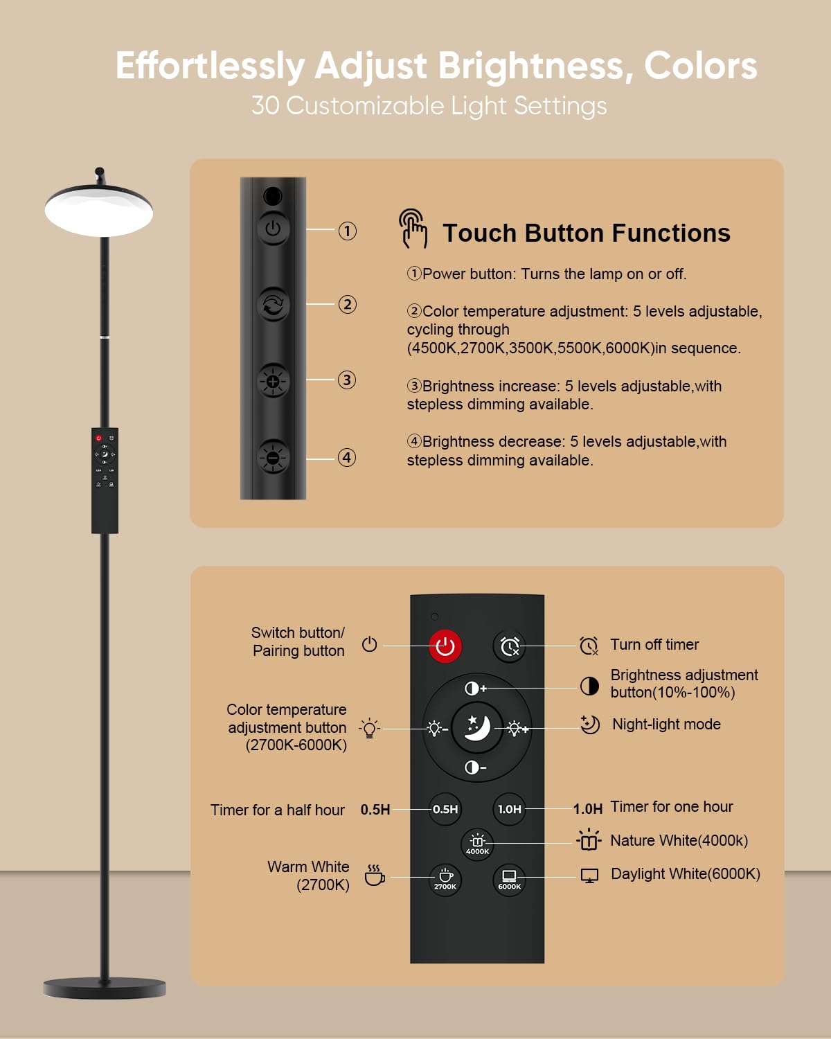 RUNBARRY LED Floor Lamp, 36W Super Bright Standing Lamp with Remote & Touch Control, 69" Stepless Dimmable Torchiere Floor Lamps, 350° Rotating Head Floor Lamp for Bedroom, Living Room, Office, Black
