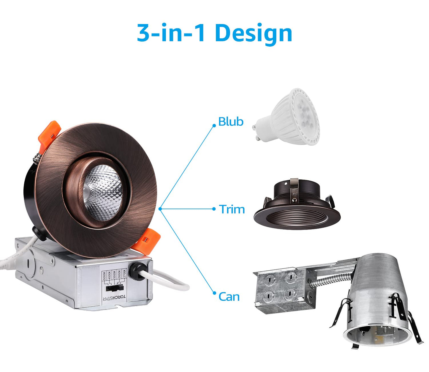 TORCHSTAR 5CCT 3 Inch Gimbal LED Recessed Light, CRI90+ Dimmable Swivel Adjustable Eyeball Downlight, Airtight IC, 2700K3000K3500K4000K5000K, Canless LED Ceiling Light, Oil Rubbed, Pack of 6