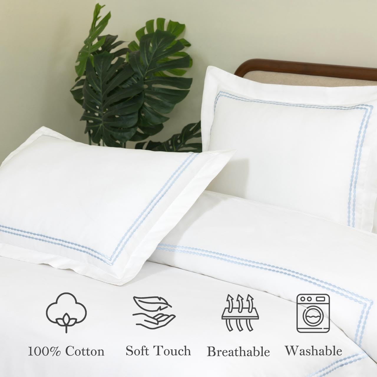 Dreamology White Duvet Cover Luxury Hotel Quality Bedding Set 100% Cotton Embroidered Duvet Covers with 2 Pillow Shams Hypoallergenic Zipper Closure 3 Pieces Duvet Set (Sky Blue, Queen)