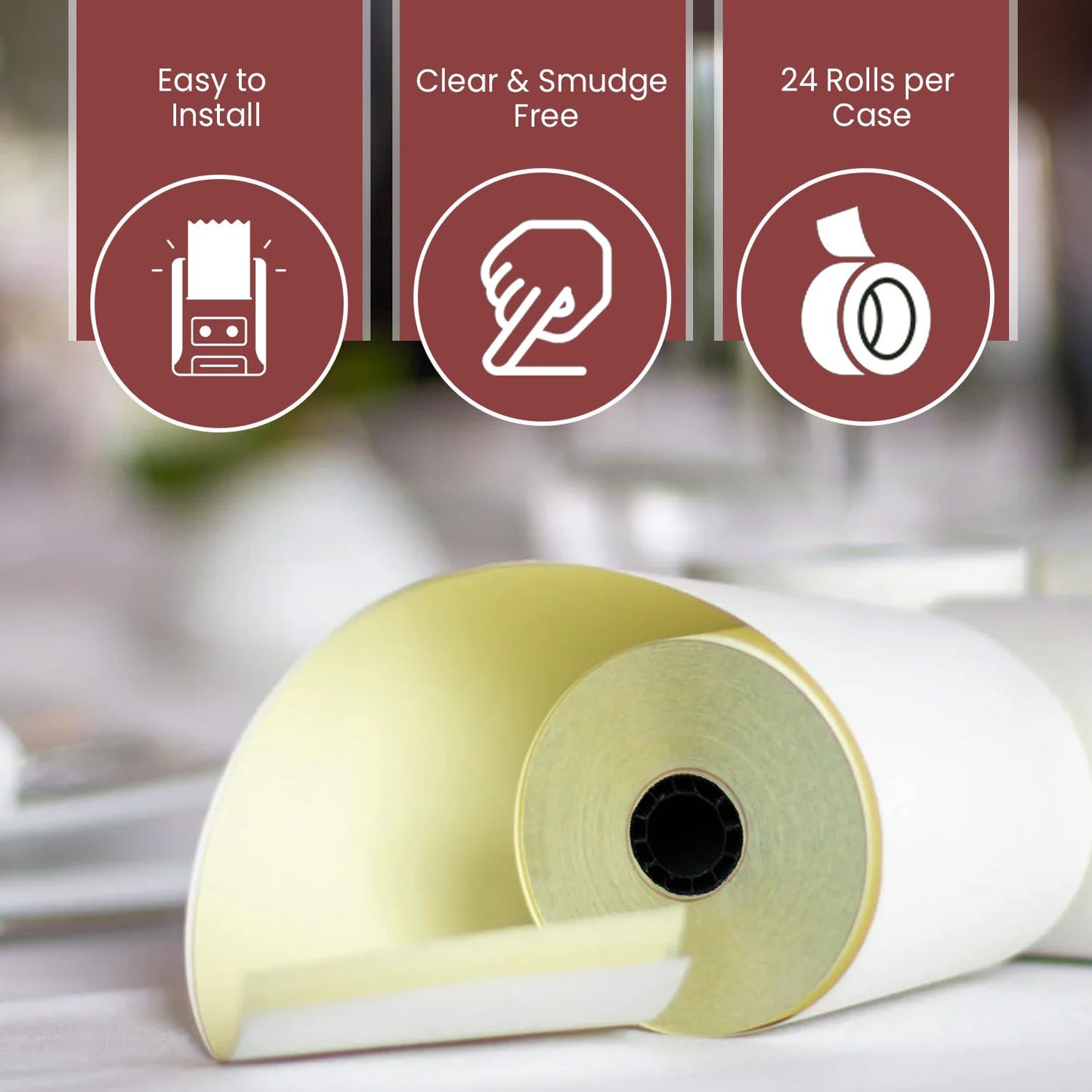 BAM POS Two Ply Carbonless Rolls - Easy to Install - Clear & Crisp Copies - White/Canary - 3” x 90 Feet (24 Rolls per Carton)