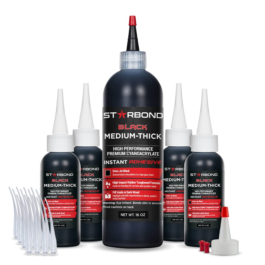 Premium Grade Cyanoacrylate (CA) Super Glue by STARBOND - 16 OZ Complete Refill KIT (453-gram) - Black Medium-Thick Knot Filler 500 CPS Viscosity Adhesive for Woodworking, Woodturning, Carpentry