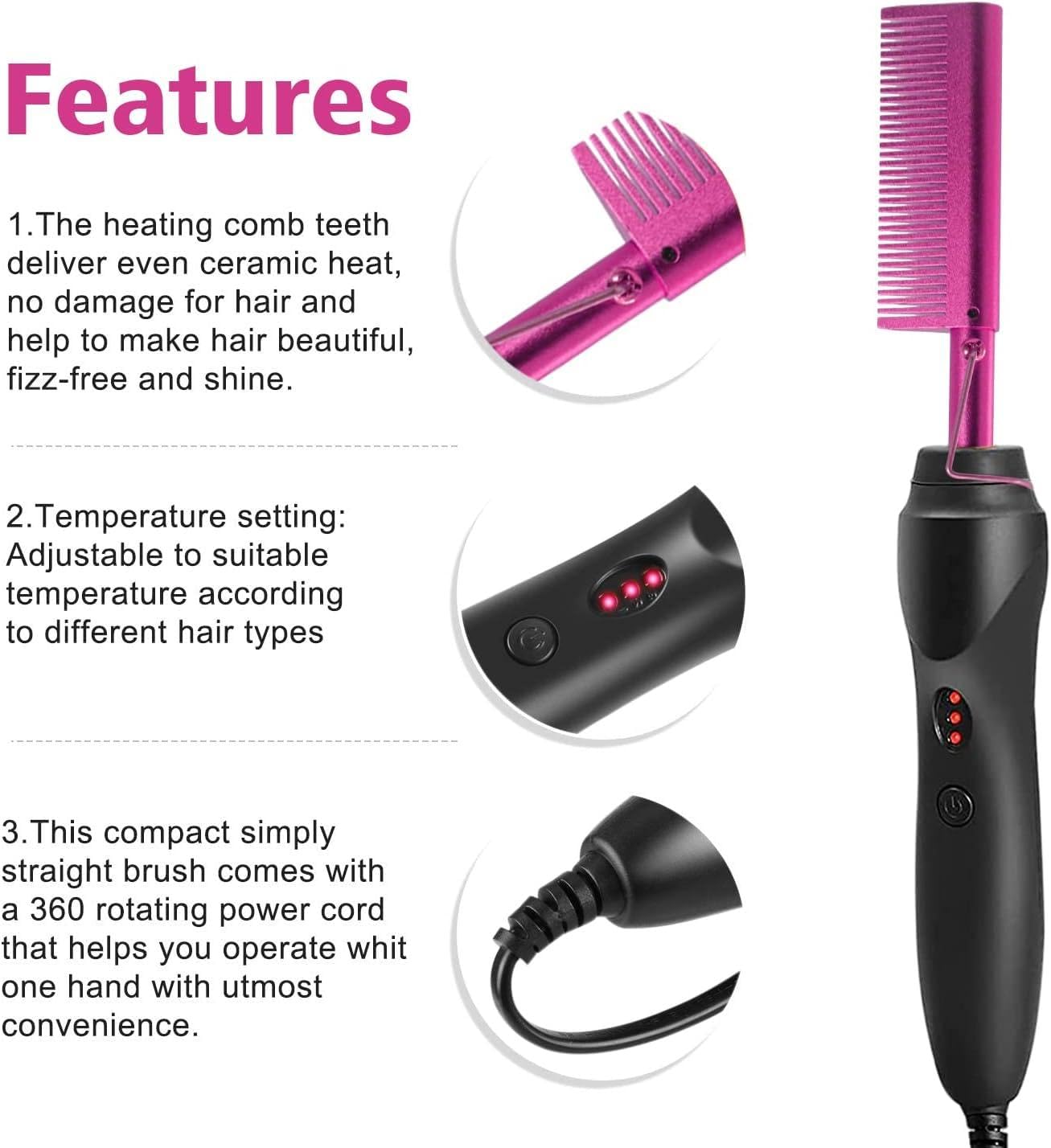 Goiple Hot Comb Straightener for Wigs and Natural Hair - Ceramic Electric Hair Straightening Comb, Curling Iron & Pressing Combs Kit