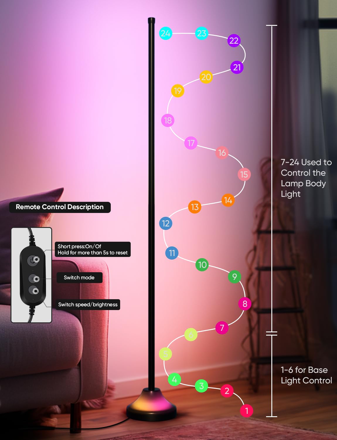 RGB&IC Smart Corner Floor Lamp – 20 W/1100 lm, 24‑Zone DIY & Music‑Sync LED Standing Lamp, App & RF Remote Control, Alexa & Google Home Compatible, Durable Aluminum‑Alloy Base for Living Room Bedroom