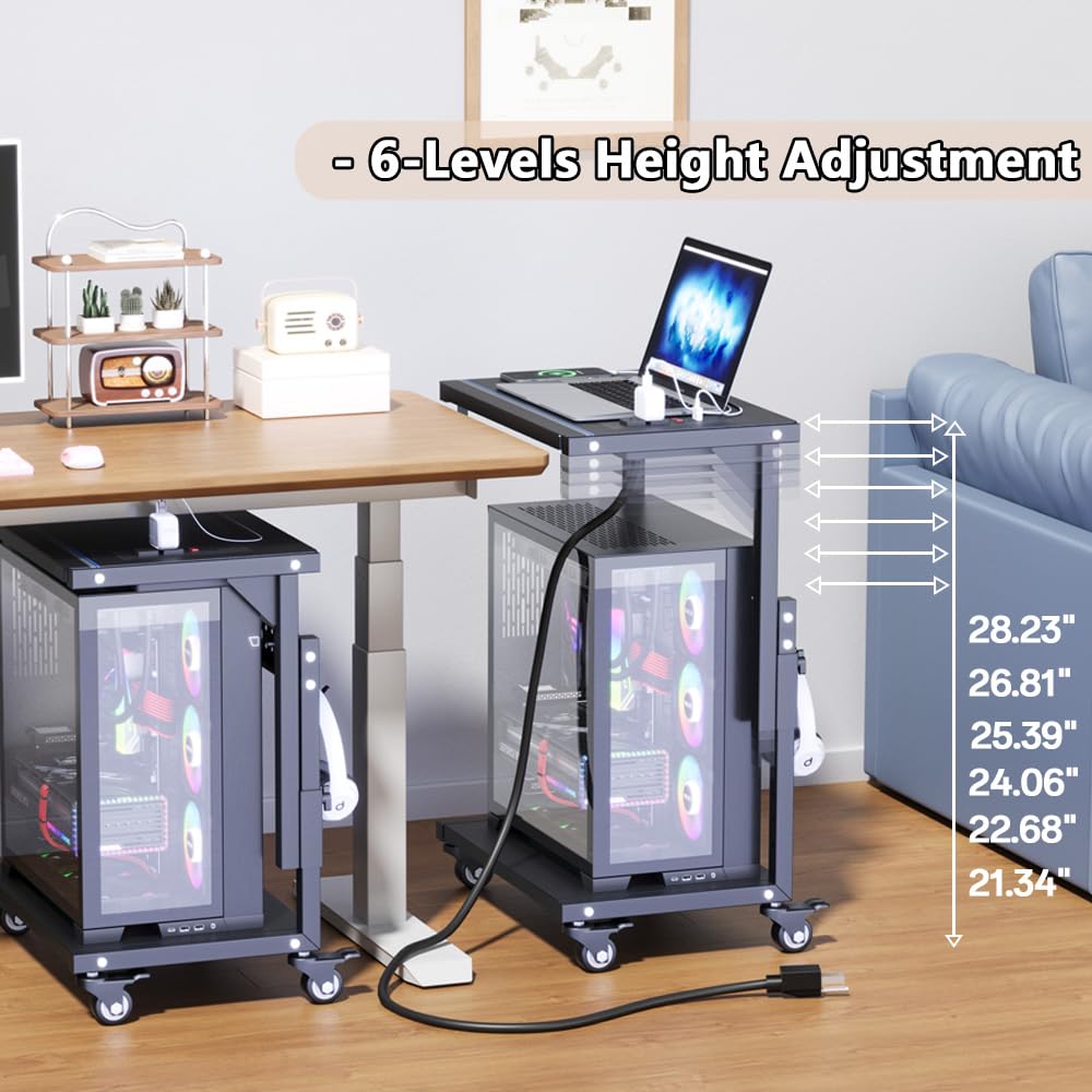 ZUAVIALA Computer Tower Stand with Power Outlet, 6 Level Height Ajustable PC Tower Stand for Floor, Mobile Rolling CPU Holder Cart for Gaming, Office, Home, 21.34"-28.3", Black